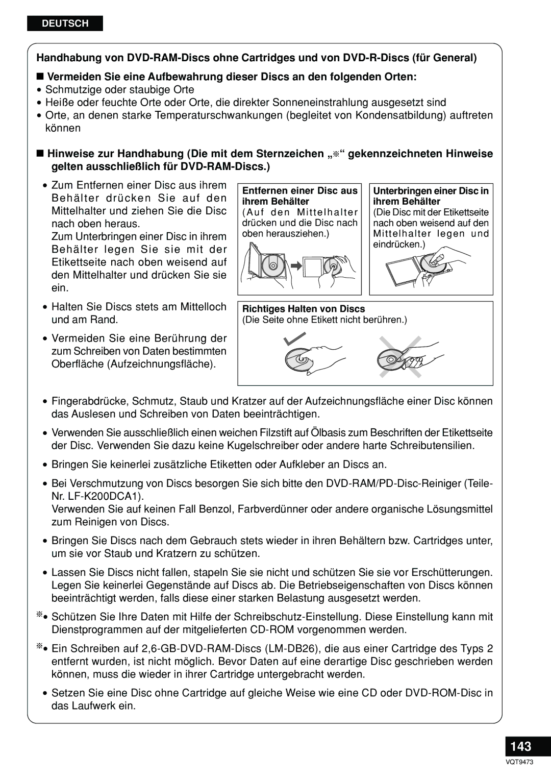 Panasonic LF-D321 manual 143, Entfernen einer Disc aus ihrem Behälter, Unterbringen einer Disc in ihrem Behälter 