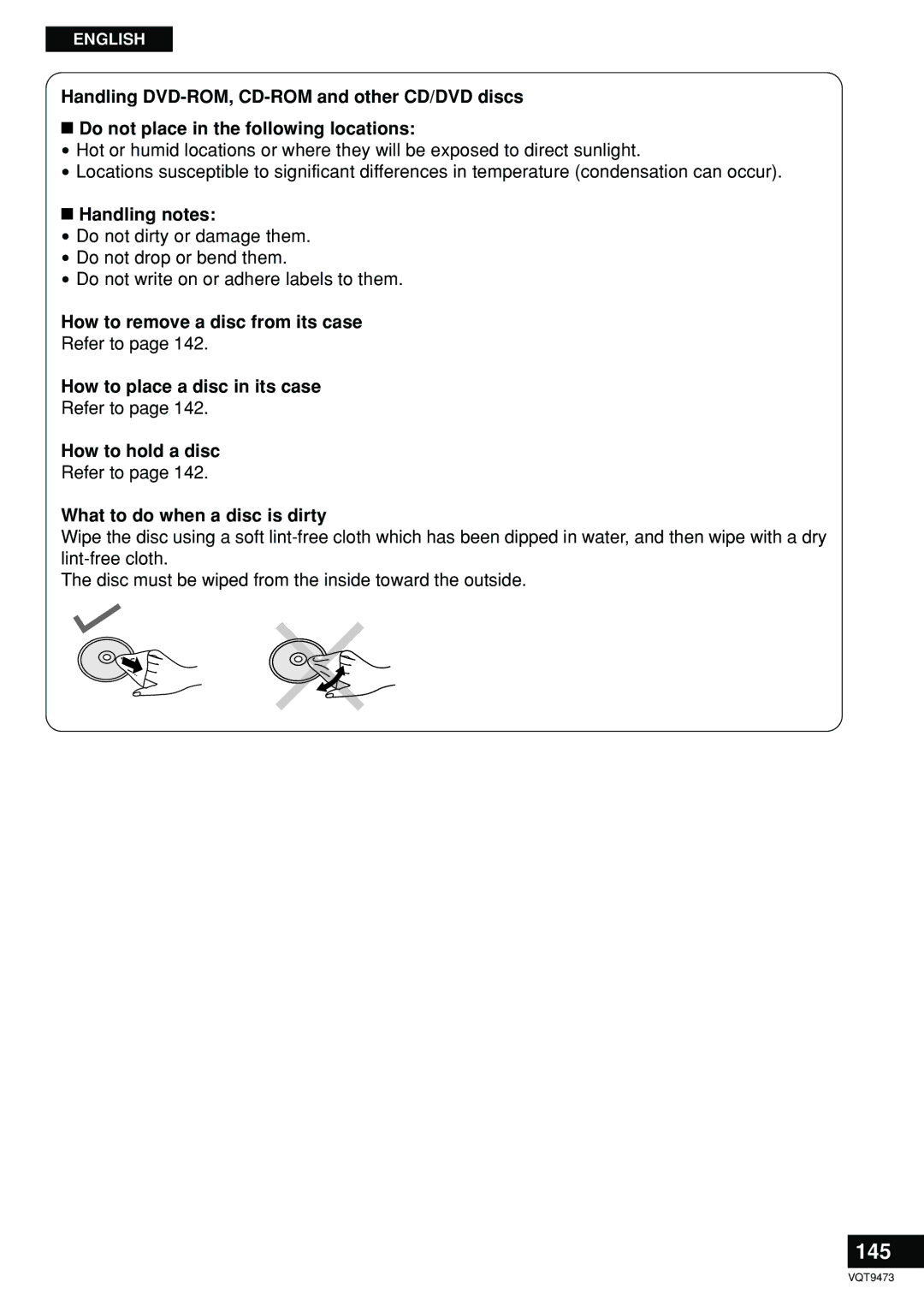 Panasonic LF-D321 manual 145, How to remove a disc from its case, How to place a disc in its case, How to hold a disc 