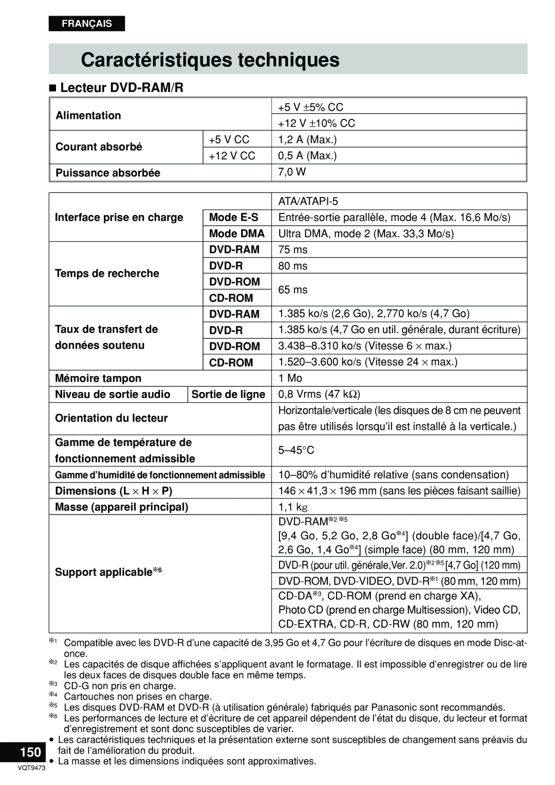 Panasonic LF-D321 manual Caractéristiques techniques, Lecteur DVD-RAM/R 