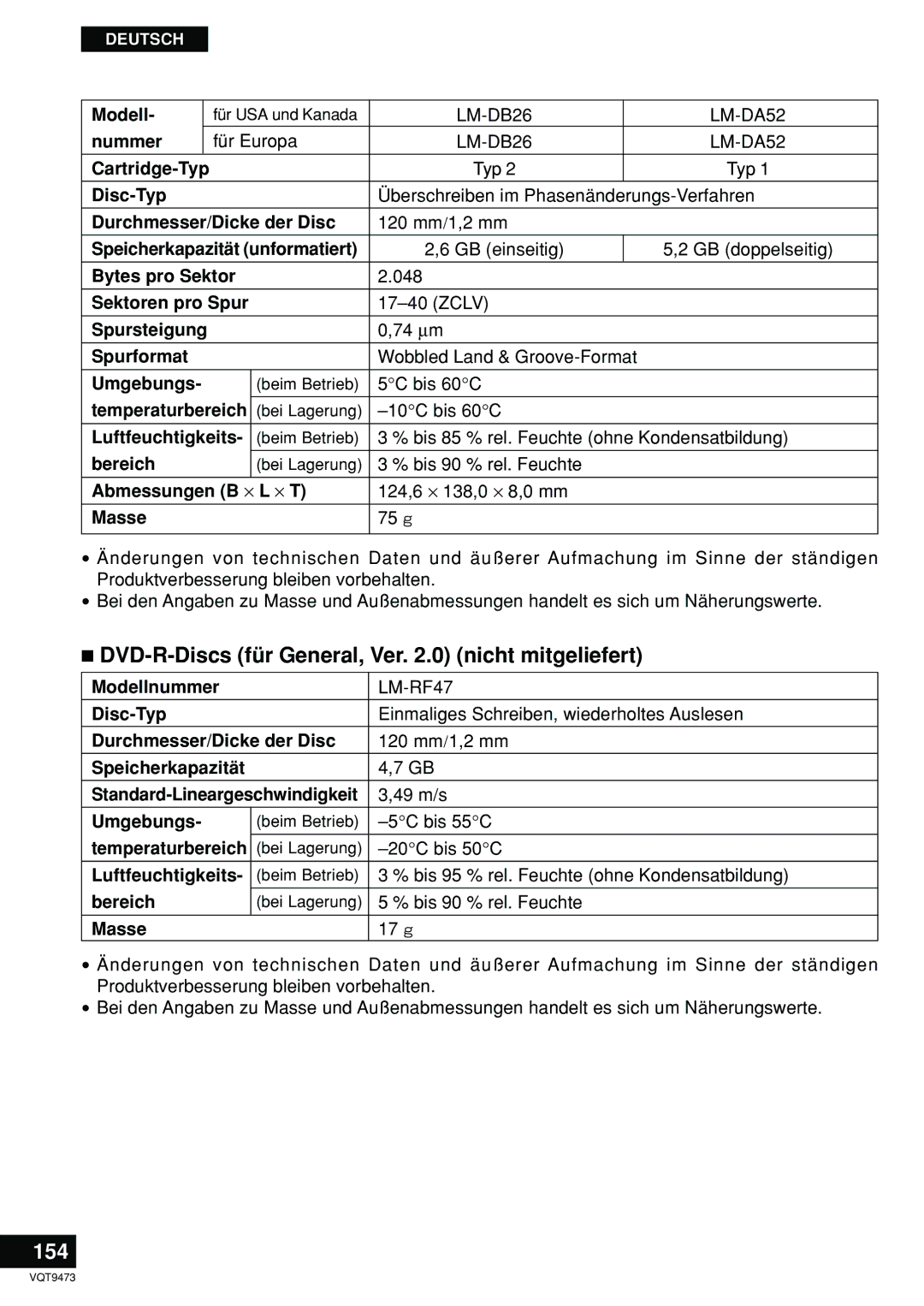 Panasonic LF-D321 manual DVD-R-Discs für General, Ver .0 nicht mitgeliefert, 154, Modellnummer, Speicherkapazität 