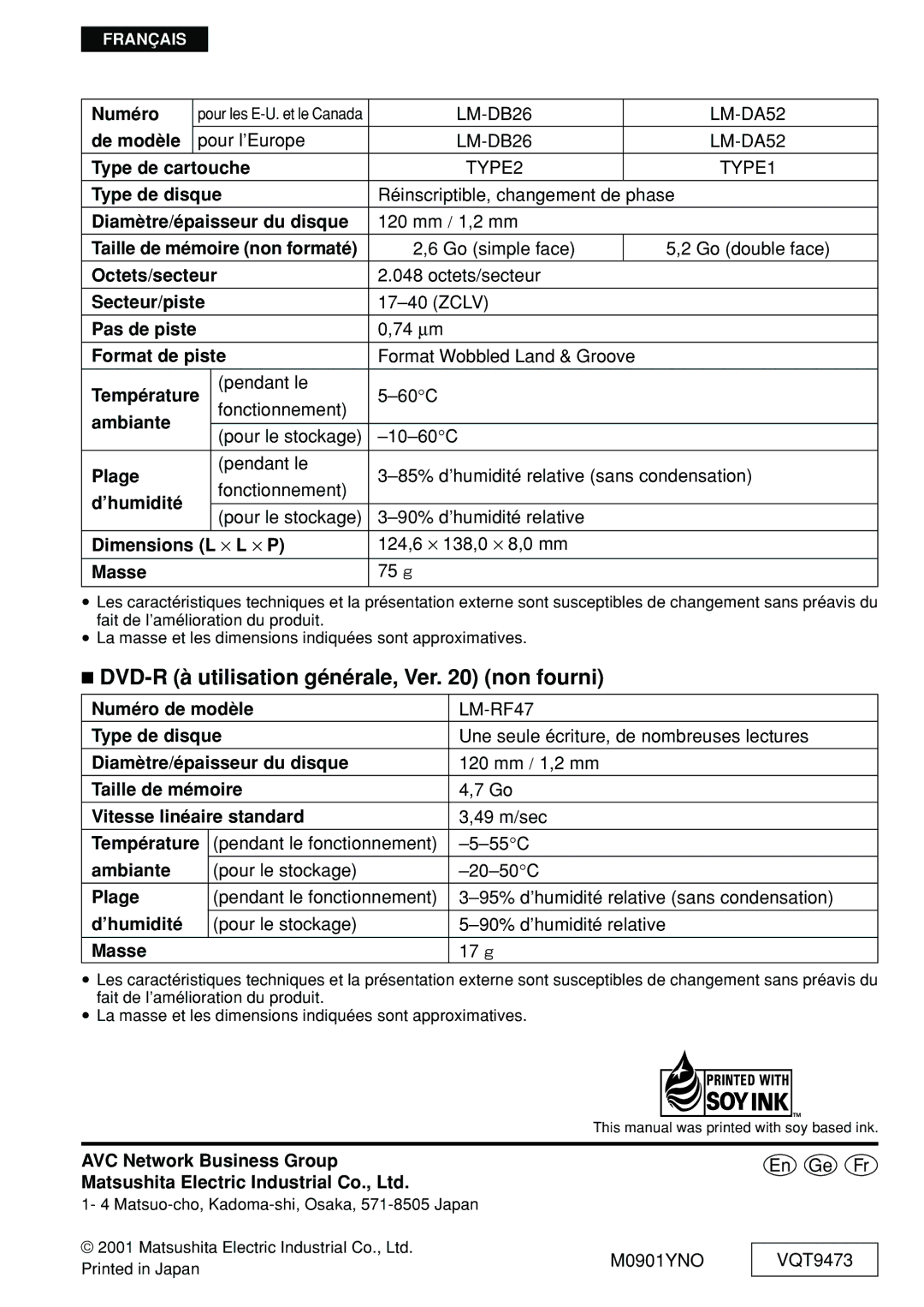 Panasonic LF-D321 manual DVD-R à utilisation générale, Ver non fourni, Numéro de modèle, AVC Network Business Group 