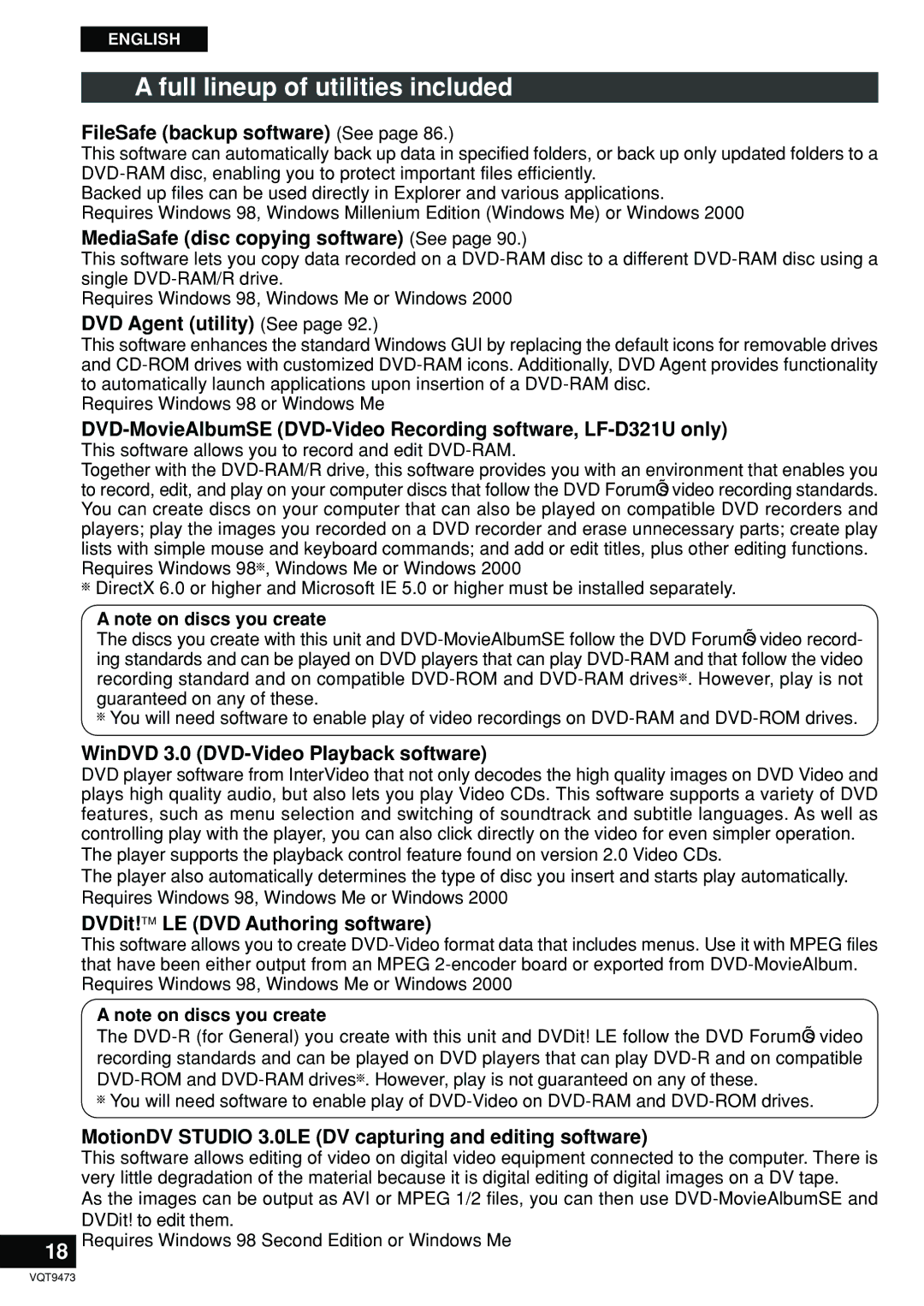 Panasonic LF-D321 manual Full lineup of utilities included 