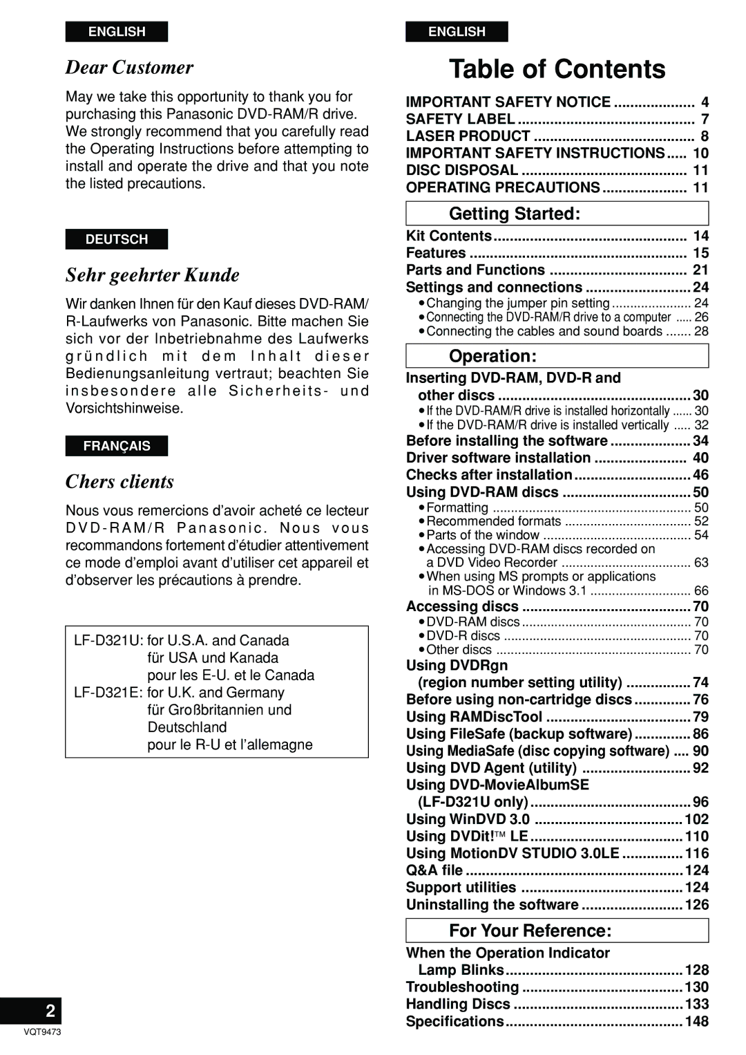 Panasonic LF-D321 manual Table of Contents 