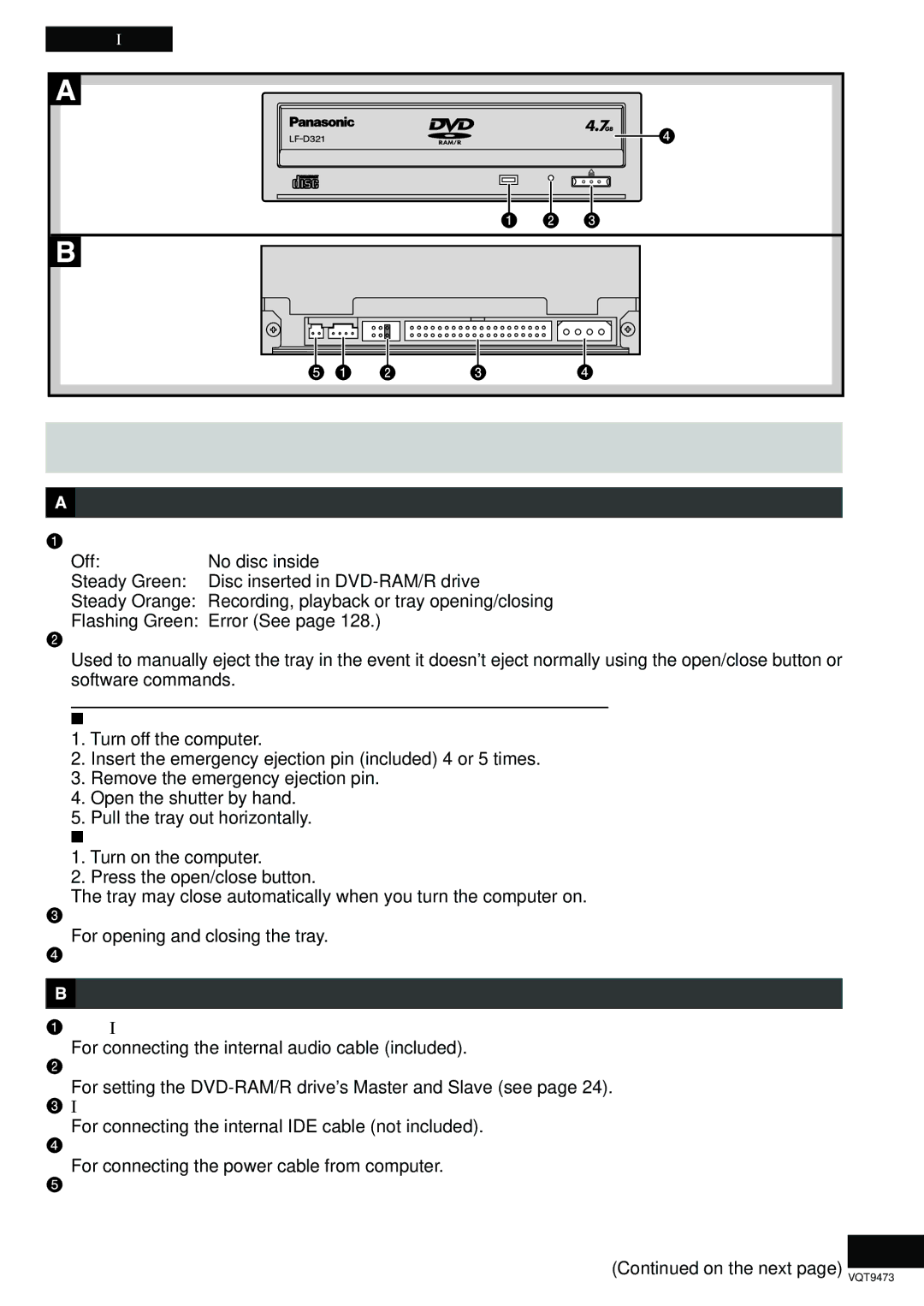 Panasonic LF-D321 manual Parts and Functions, Front panel, Rear panel 