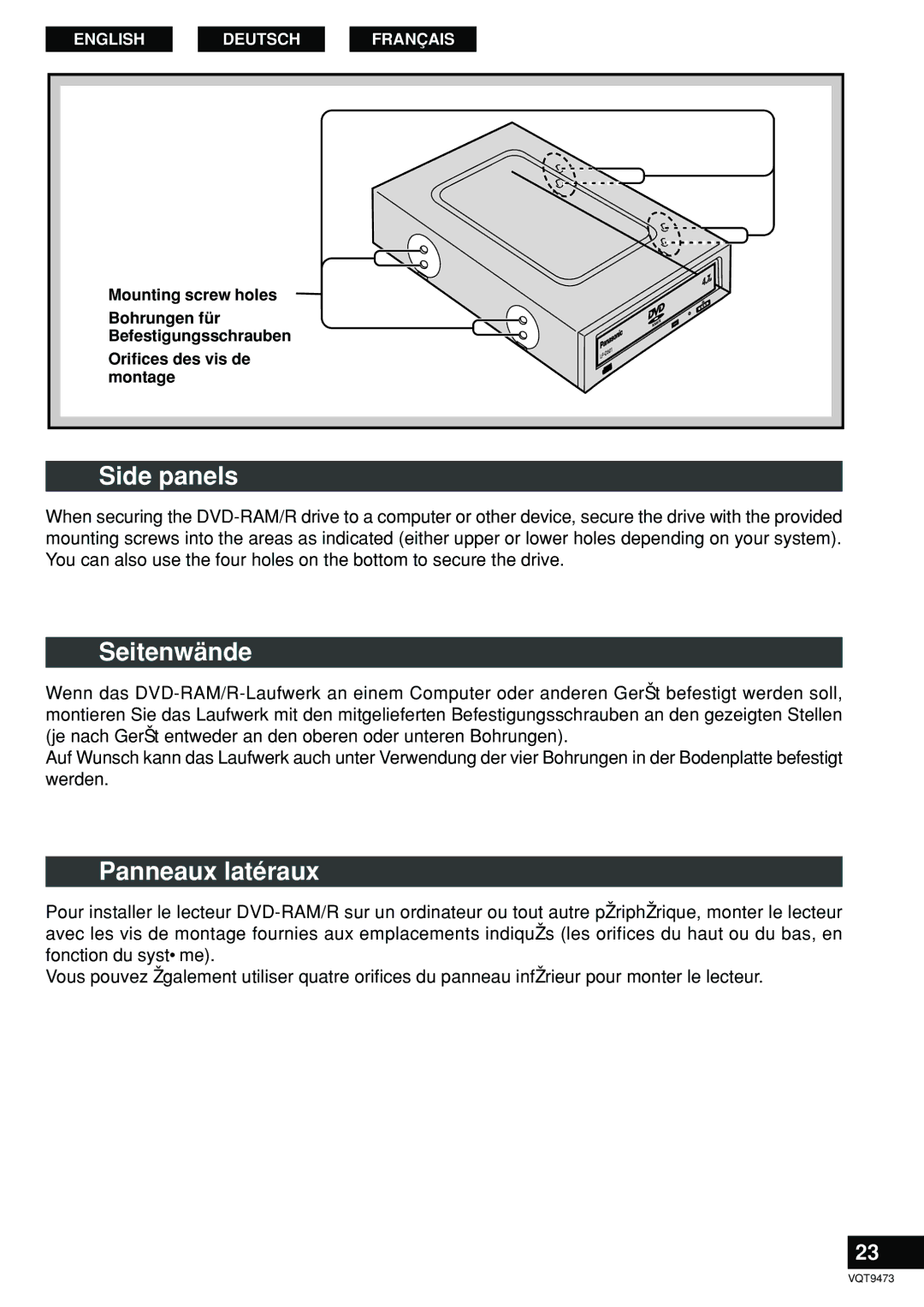 Panasonic LF-D321 manual Side panels, Seitenwände, Panneaux latéraux 