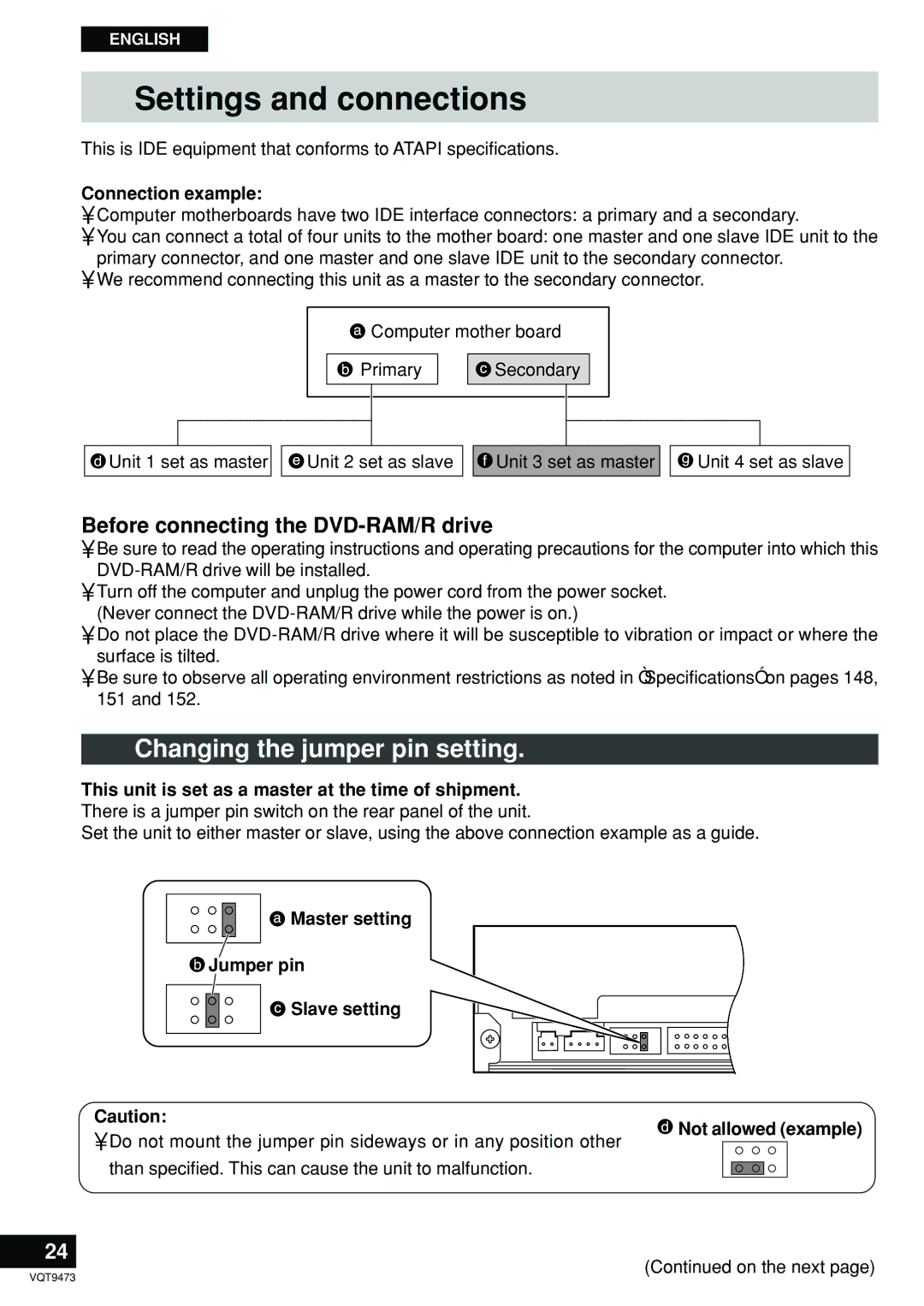 Panasonic LF-D321 manual Settings and connections, Changing the jumper pin setting, Before connecting the DVD-RAM/R drive 