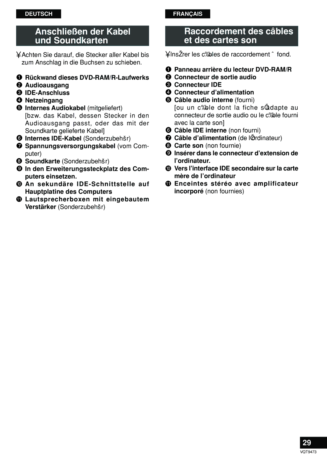 Panasonic LF-D321 manual Anschließen der Kabel Und Soundkarten, Raccordement des câbles Et des cartes son 