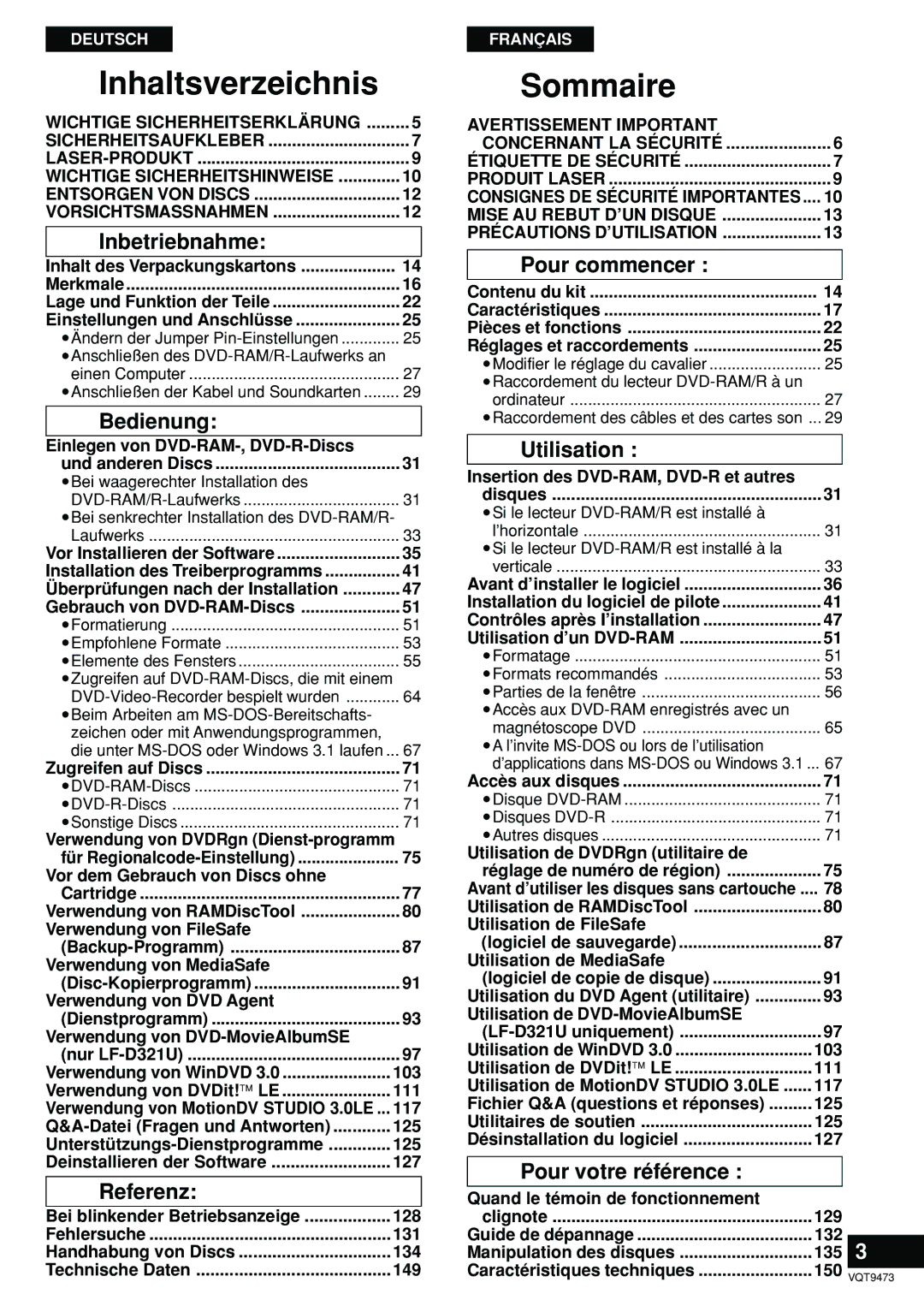 Panasonic LF-D321 manual Inhaltsverzeichnis, Sommaire 