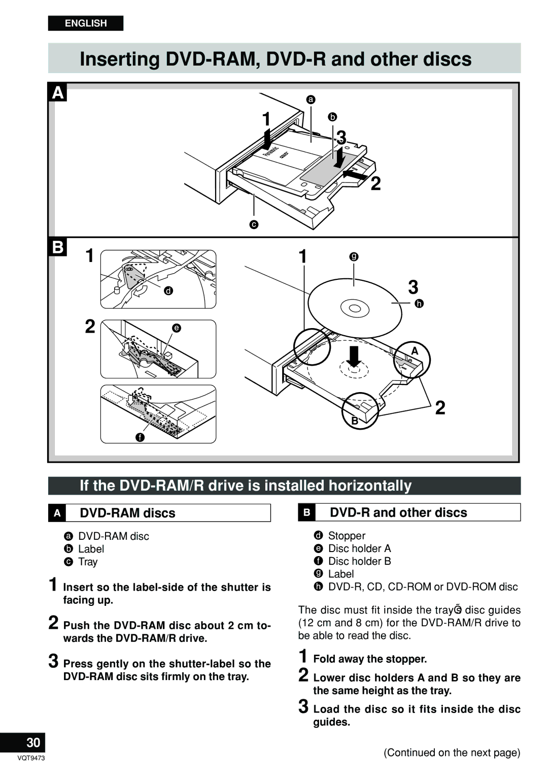 Panasonic LF-D321 manual Inserting DVD-RAM, DVD-R and other discs, If the DVD-RAM/R drive is installed horizontally 