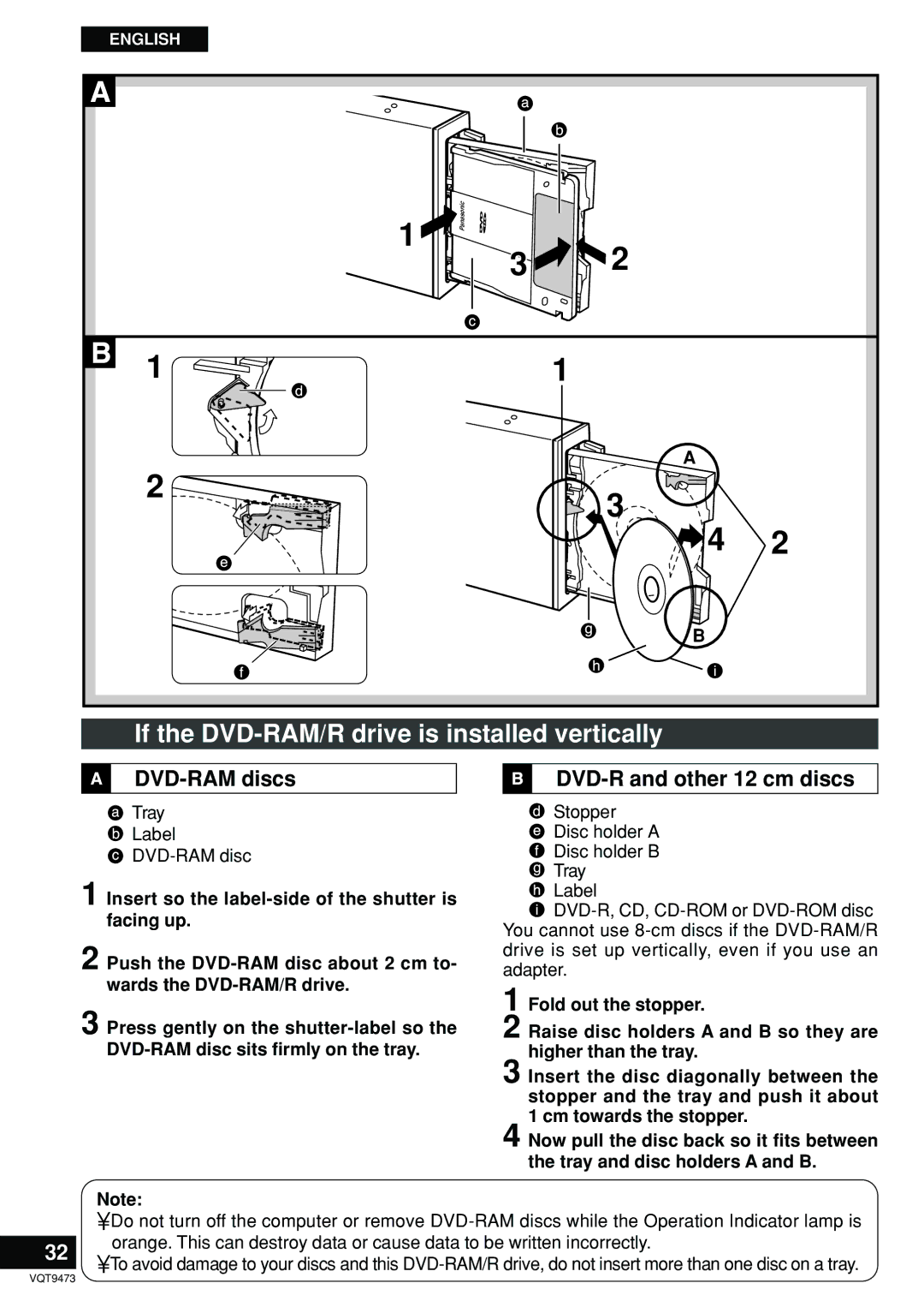 Panasonic LF-D321 manual If the DVD-RAM/R drive is installed vertically, DVD-R and other 12 cm discs, Fold out the stopper 