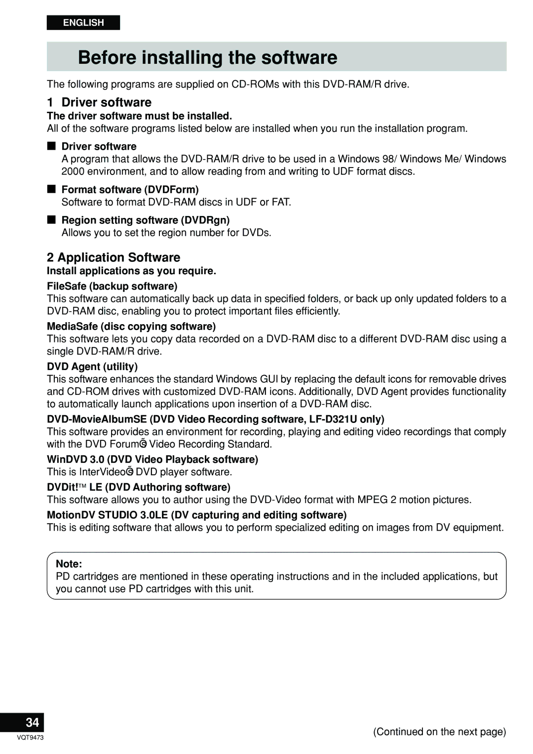 Panasonic LF-D321 manual Before installing the software, Driver software, Application Software 