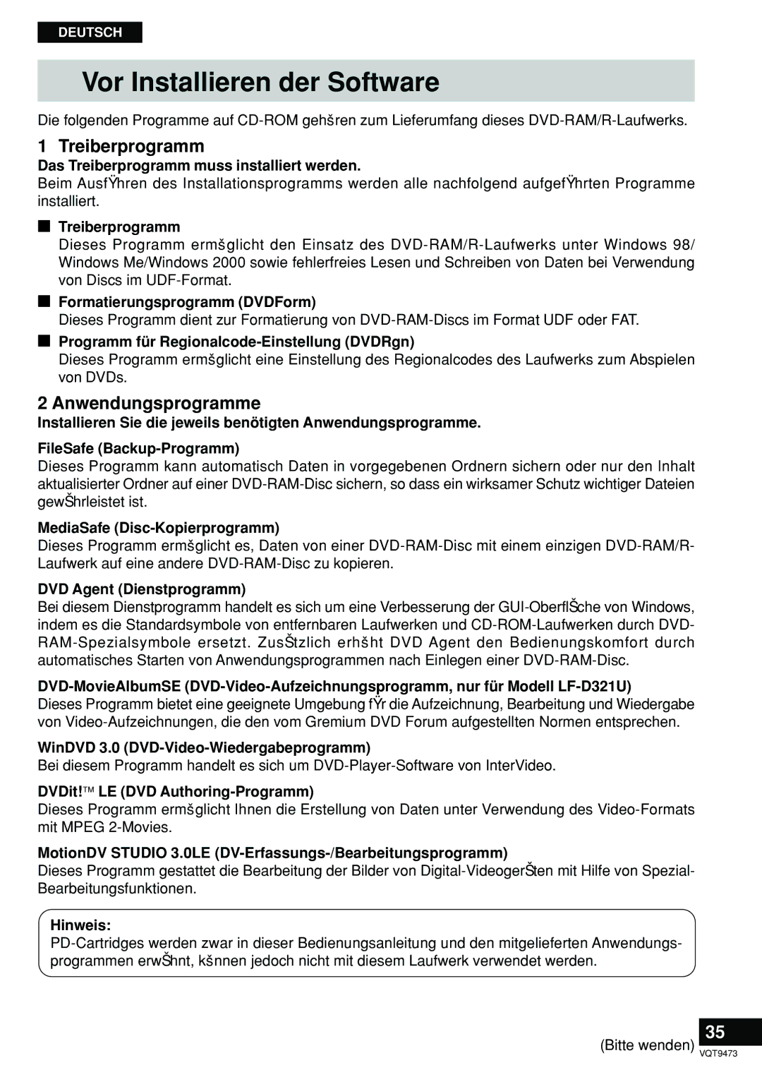 Panasonic LF-D321 manual Vor Installieren der Software, Treiberprogramm, Anwendungsprogramme 