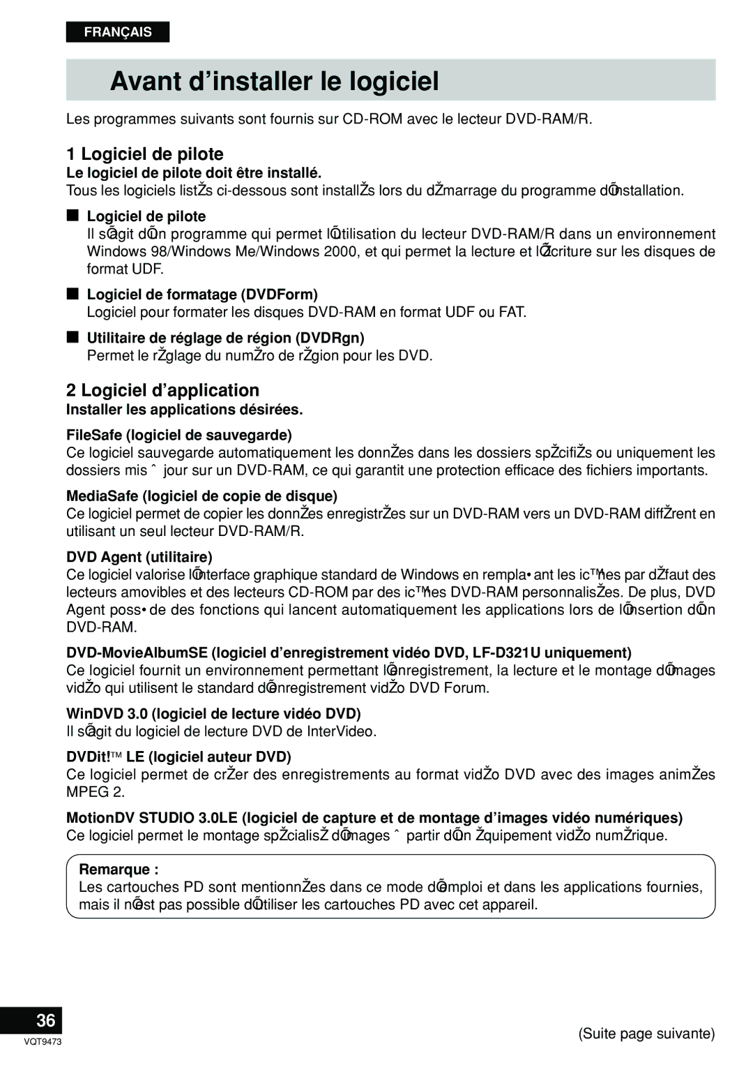 Panasonic LF-D321 manual Avant d’installer le logiciel, Logiciel de pilote, Logiciel d’application 