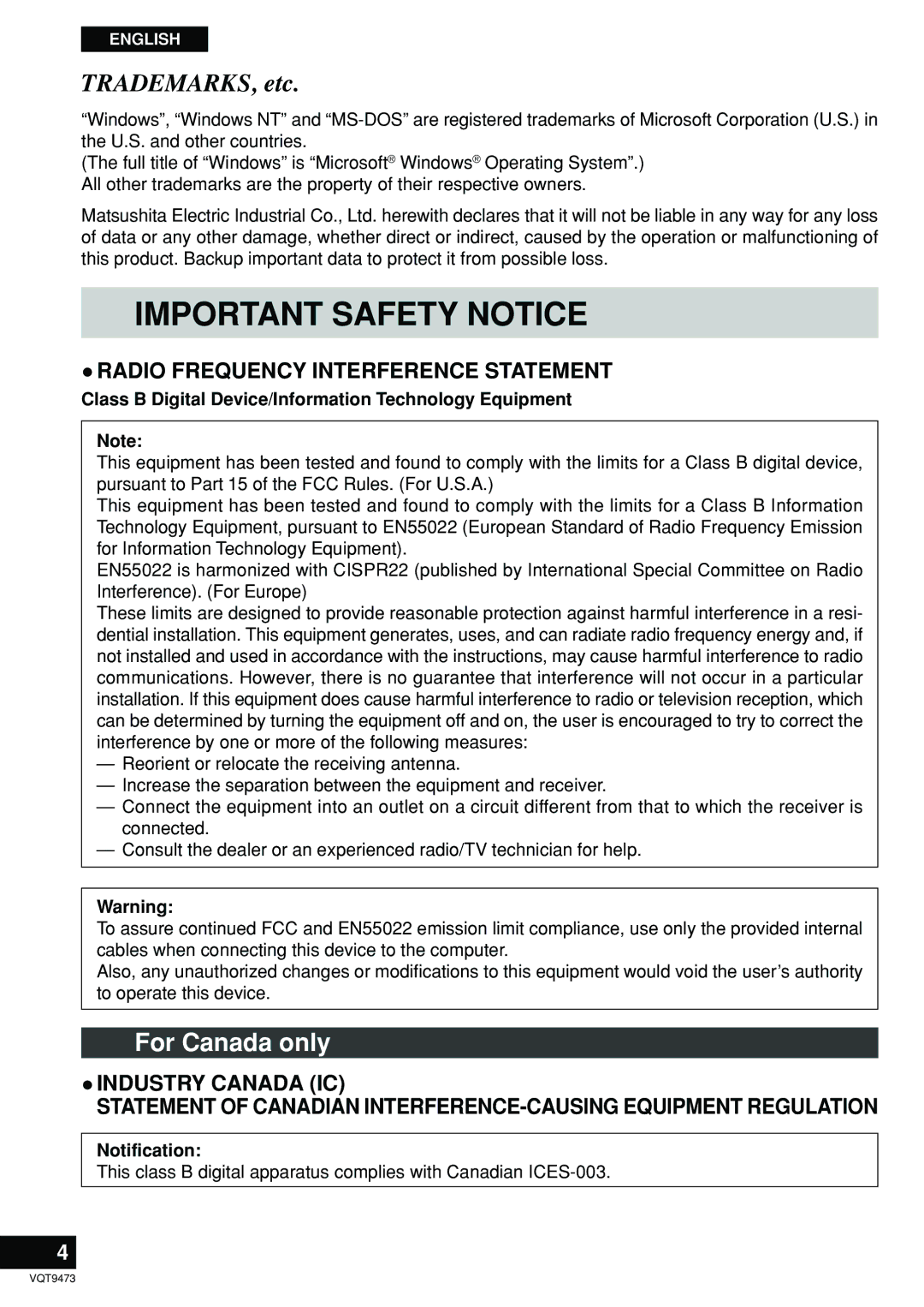 Panasonic LF-D321 manual For Canada only, Class B Digital Device/Information Technology Equipment, Notification 