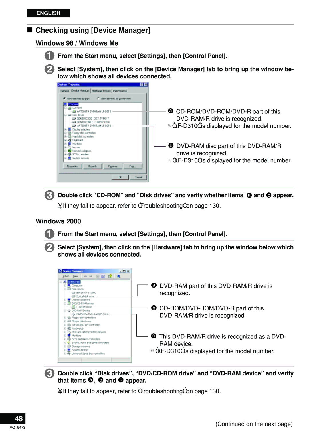 Panasonic LF-D321 manual Checking using Device Manager, Windows 98 / Windows Me 