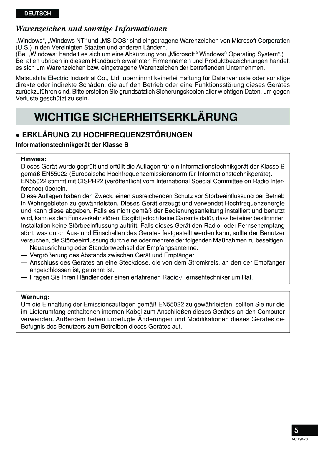 Panasonic LF-D321 manual Informationstechnikgerät der Klasse B Hinweis, Warnung 