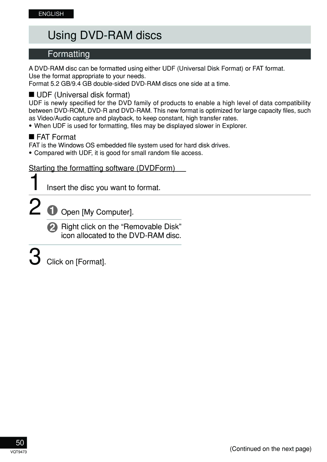 Panasonic LF-D321 manual Using DVD-RAM discs, Formatting, UDF Universal disk format, FAT Format, Click on Format 