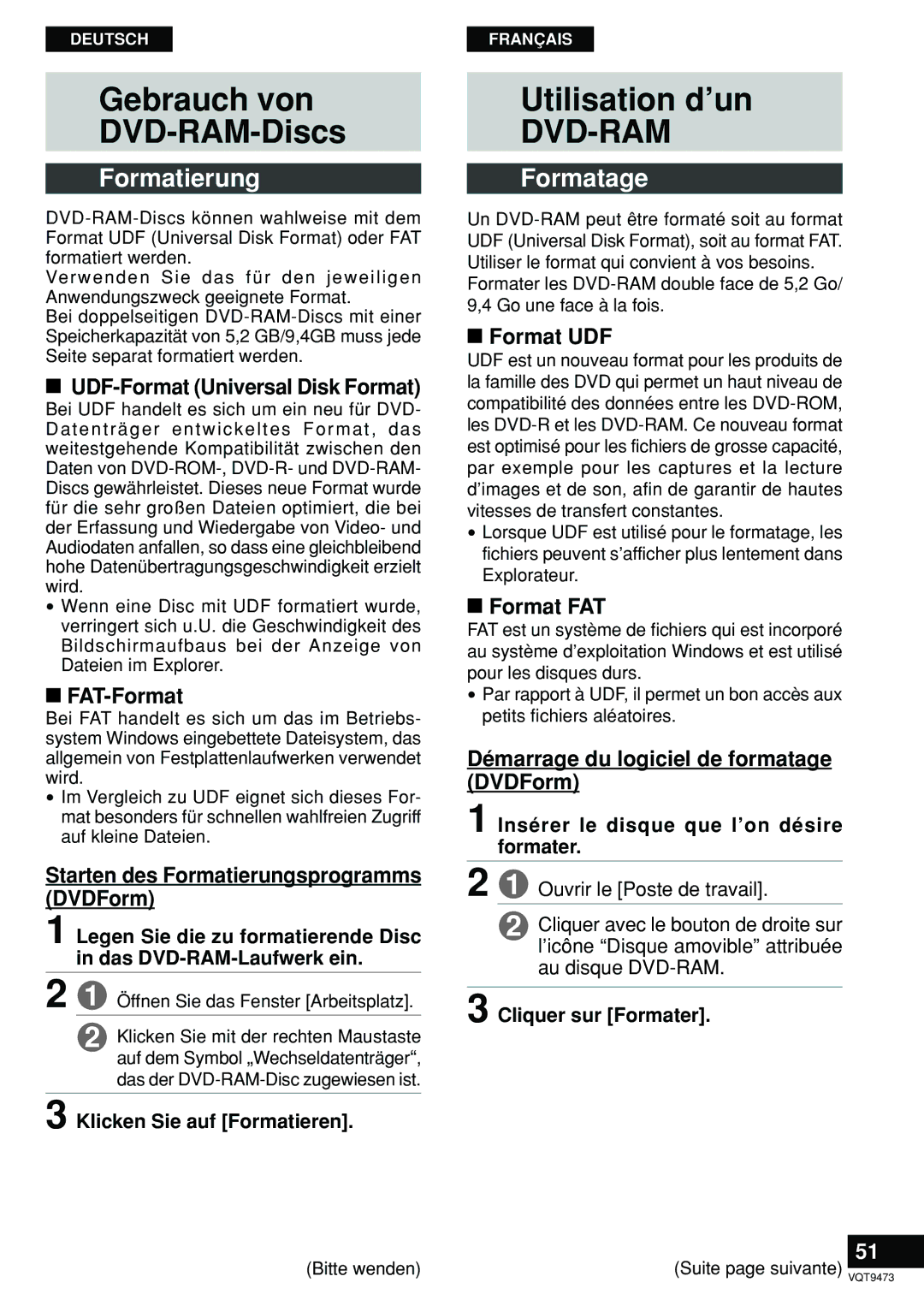 Panasonic LF-D321 manual Gebrauch von DVD-RAM-Discs, Utilisation d’un, Formatierung, Formatage 