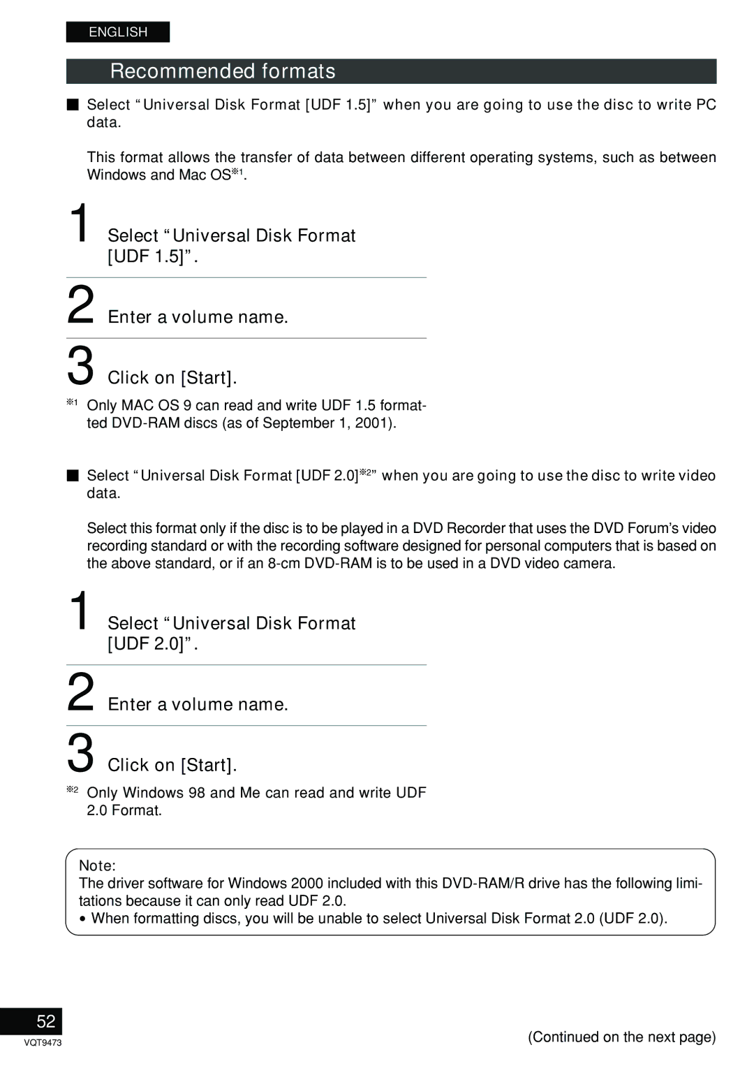 Panasonic LF-D321 manual Recommended formats 