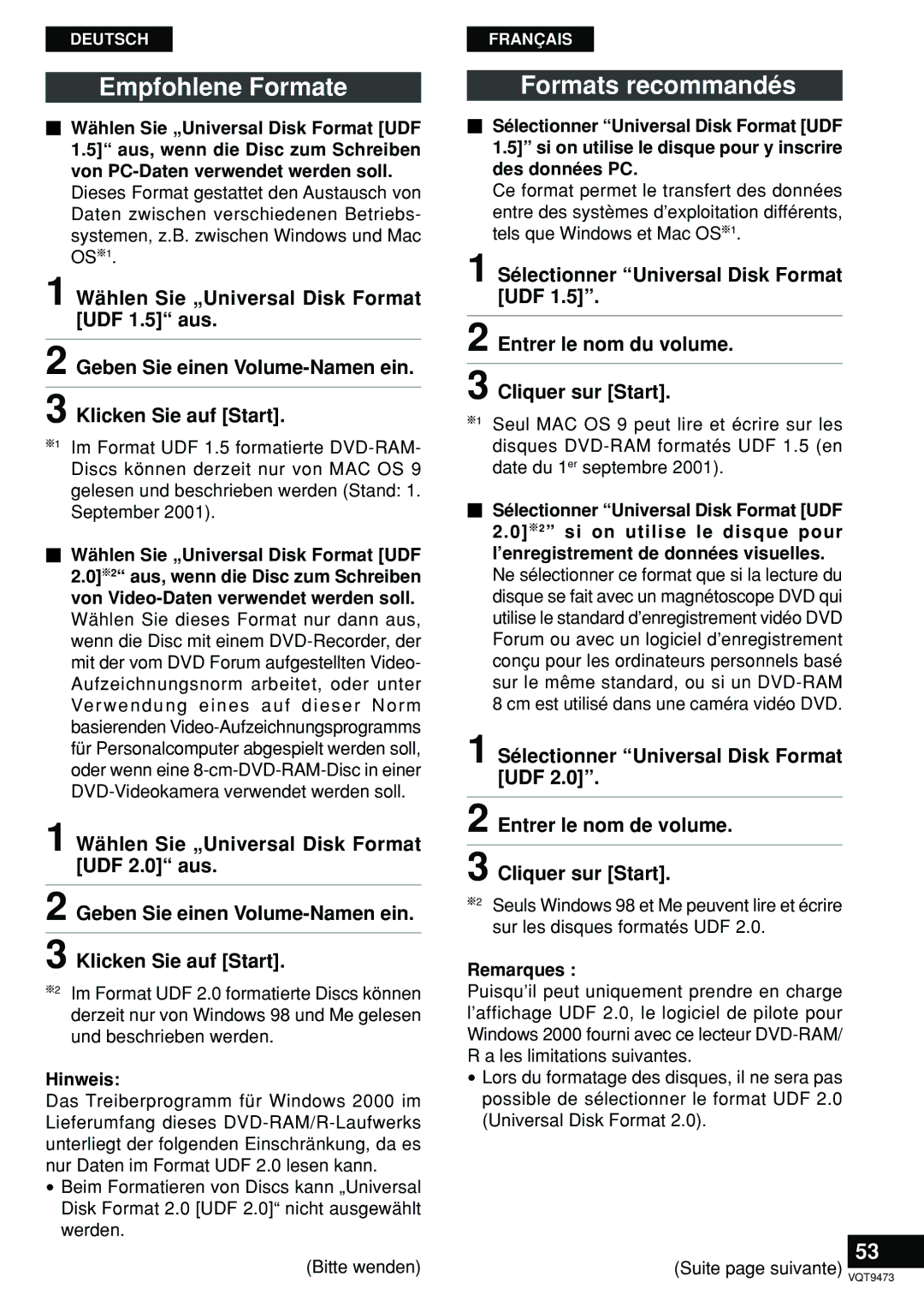 Panasonic LF-D321 manual Empfohlene Formate, Formats recommandés 