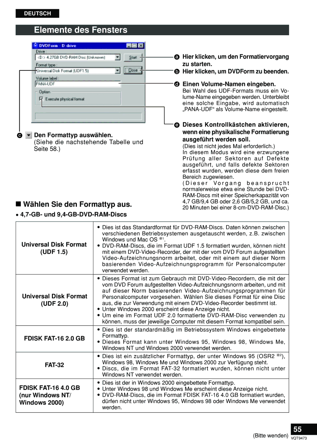 Panasonic LF-D321 manual Elemente des Fensters, Wählen Sie den Formattyp aus, Den Formattyp auswählen, Nur Windows NT 