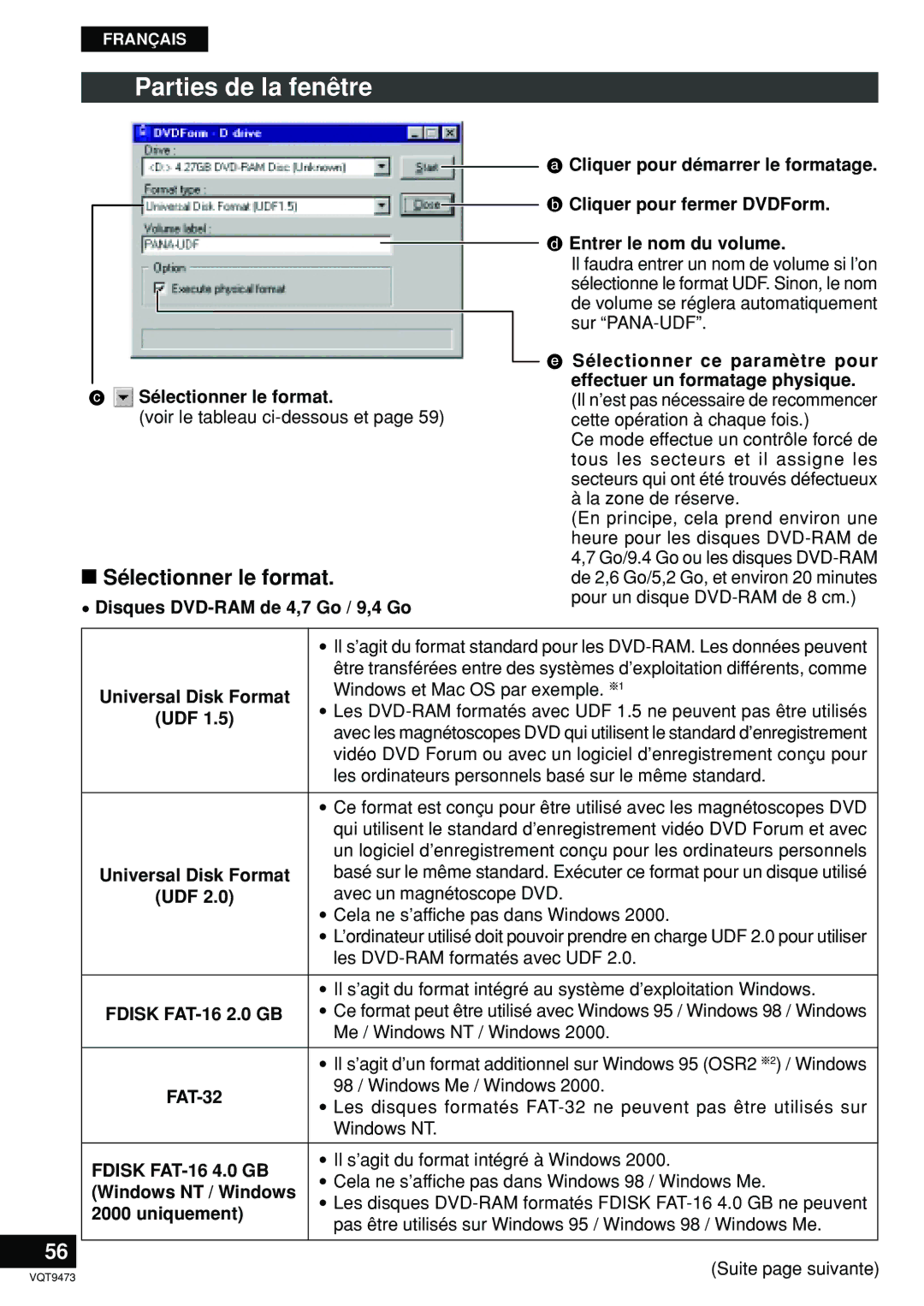 Panasonic LF-D321 manual Parties de la fenêtre, Sélectionner le format, Disques DVD-RAM de 4,7 Go / 9,4 Go, Uniquement 