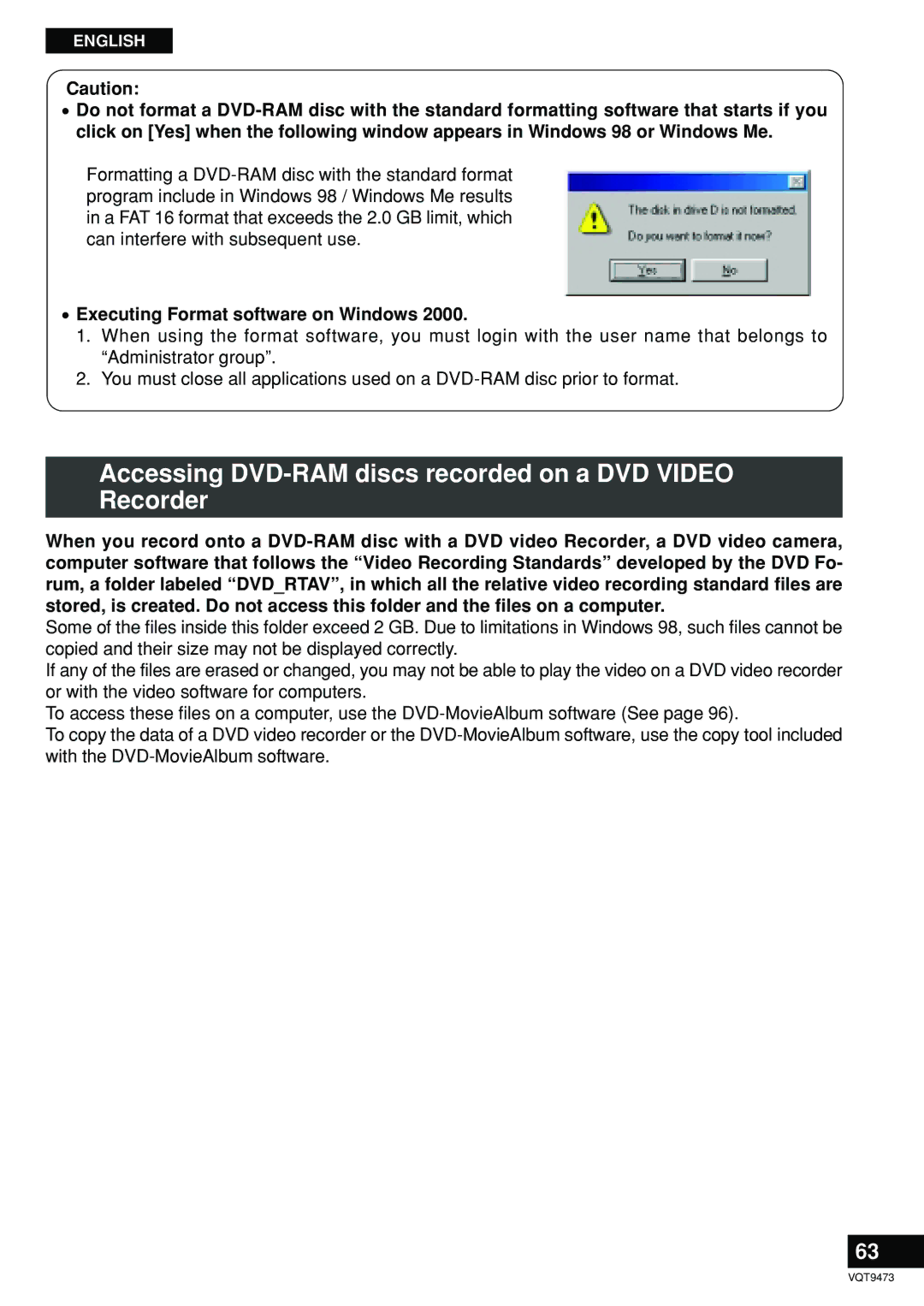 Panasonic LF-D321 manual Accessing DVD-RAM discs recorded on a DVD Video Recorder, Executing Format software on Windows 