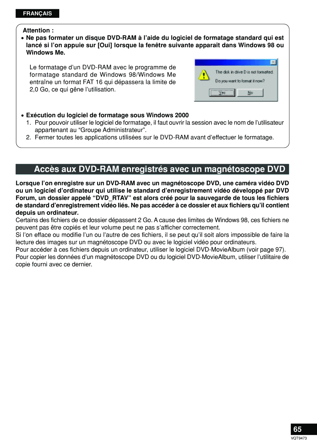 Panasonic LF-D321 Accès aux DVD-RAM enregistrés avec un magnétoscope DVD, Exécution du logiciel de formatage sous Windows 