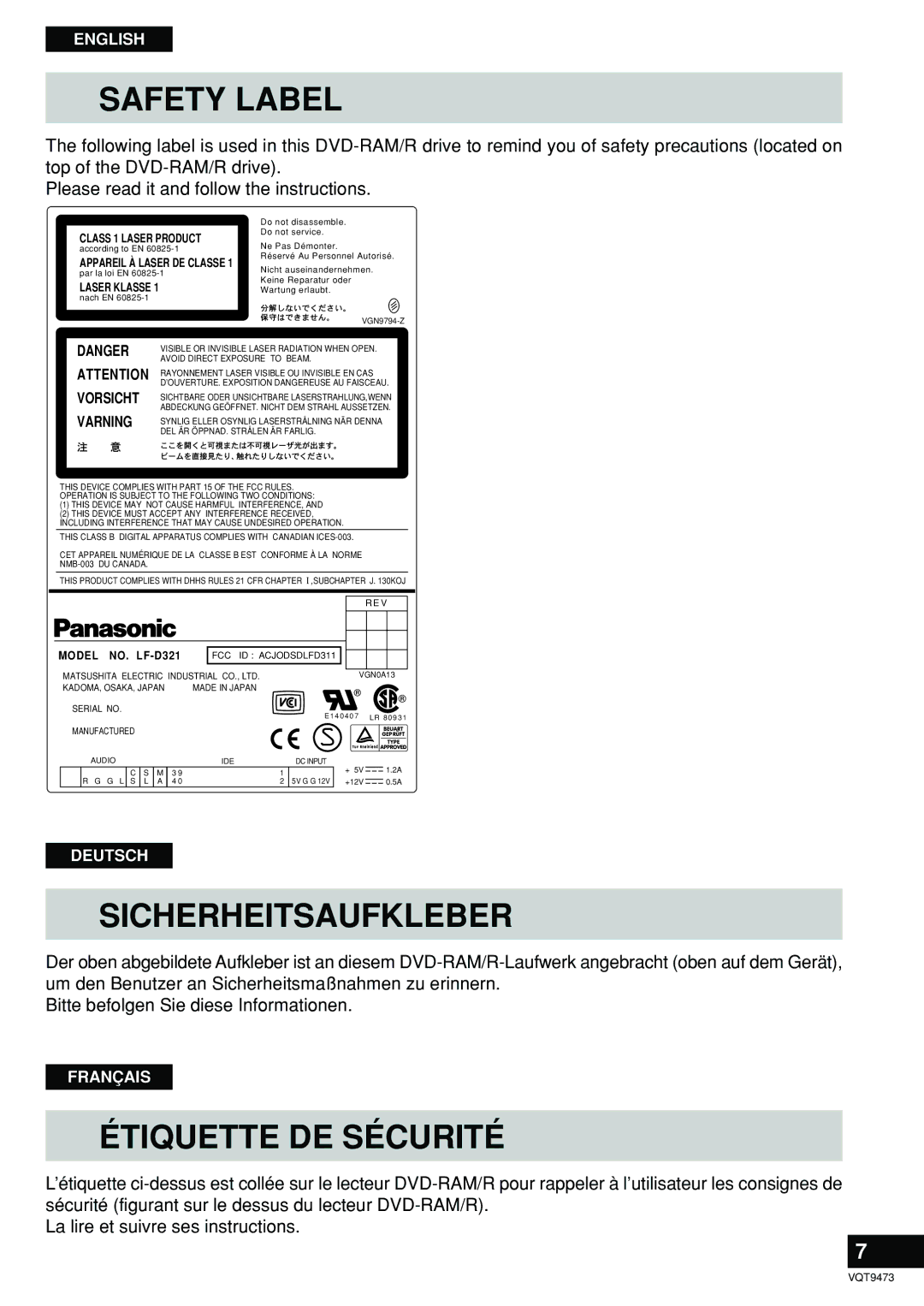 Panasonic LF-D321 manual Safety Label 