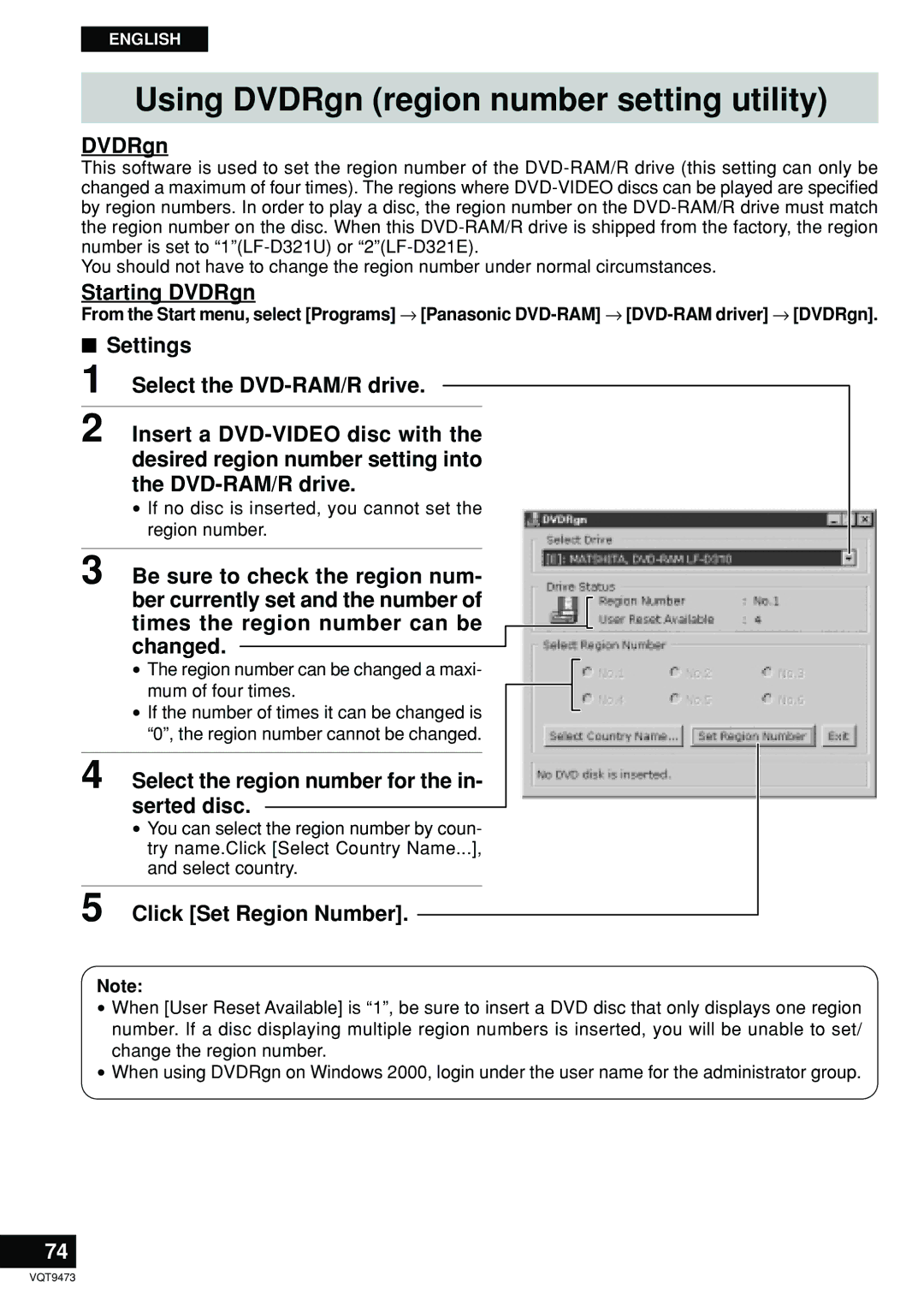 Panasonic LF-D321 manual Using DVDRgn region number setting utility 