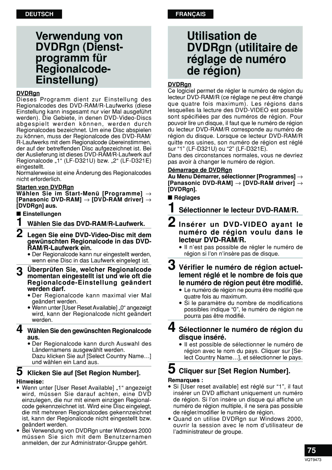 Panasonic LF-D321 manual Utilisation de DVDRgn utilitaire de, Sélectionner le numéro de région du disque inséré 