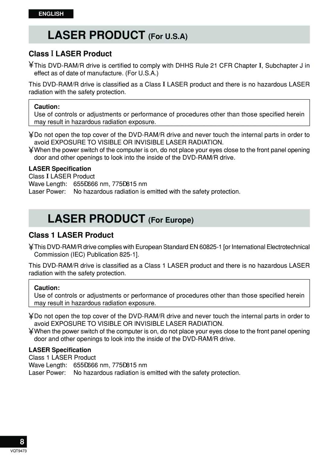 Panasonic LF-D321 manual Laser Product For U.S.A, Laser Product For Europe, Class Laser Product, Class 1 Laser Product 