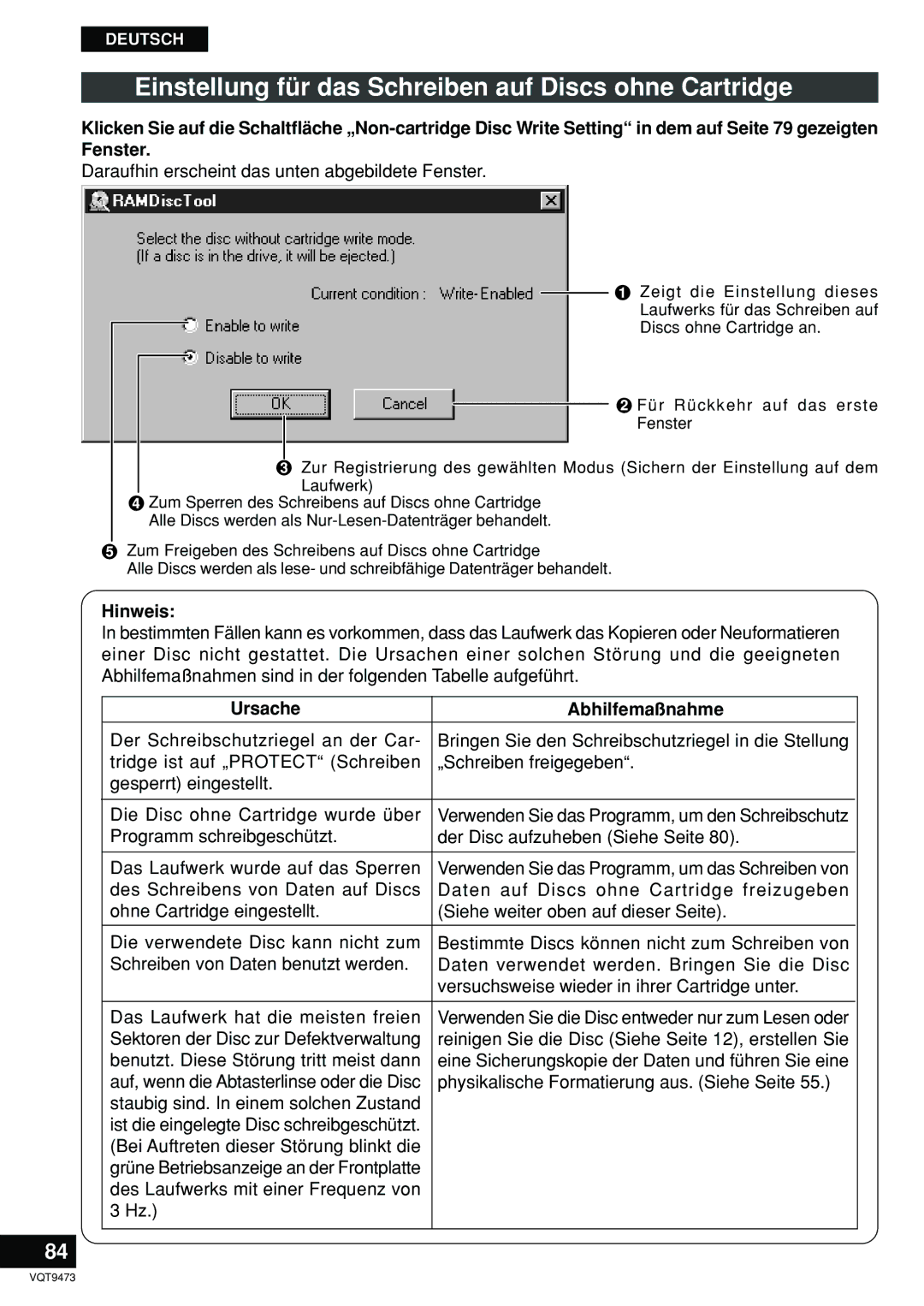 Panasonic LF-D321 manual Einstellung für das Schreiben auf Discs ohne Cartridge, Ursache Abhilfemaßnahme 