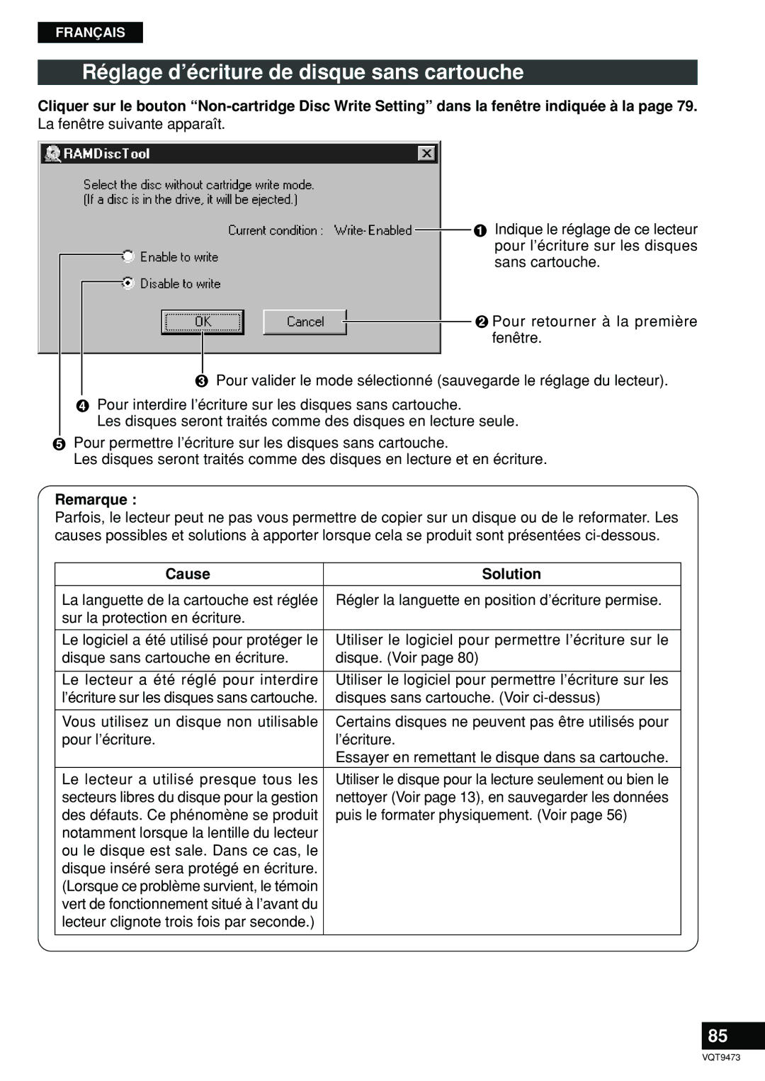 Panasonic LF-D321 manual Réglage d’écriture de disque sans cartouche, Remarque 