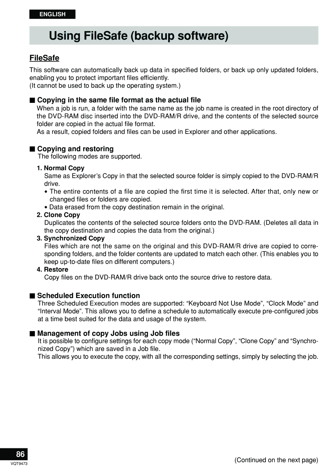 Panasonic LF-D321 manual Using FileSafe backup software 