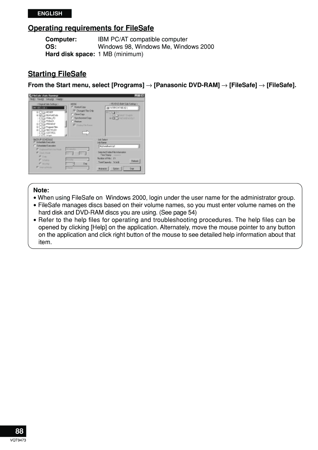 Panasonic LF-D321 manual Operating requirements for FileSafe, Starting FileSafe, Hard disk space 1 MB minimum 