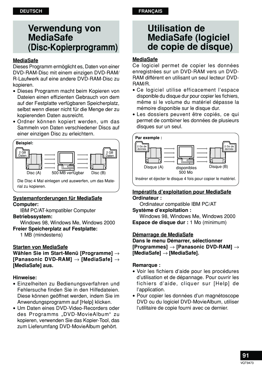 Panasonic LF-D321 manual Utilisation de MediaSafe logiciel de copie de disque, Systemanforderungen für MediaSafe Computer 