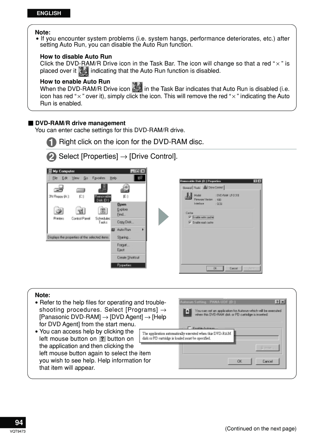 Panasonic LF-D321 manual How to disable Auto Run, How to enable Auto Run, DVD-RAM/R drive management 