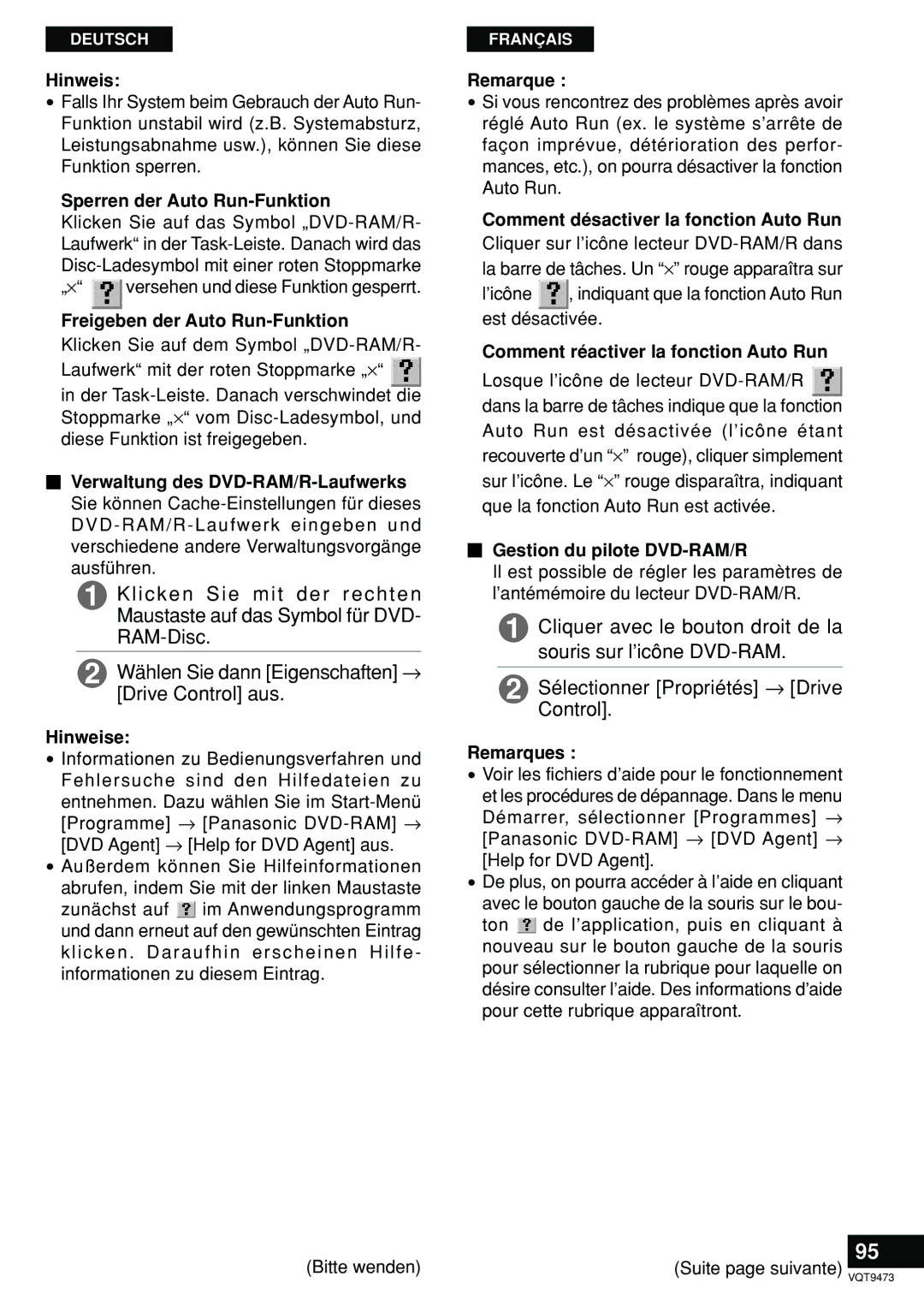 Panasonic LF-D321 Sperren der Auto Run-Funktion, Freigeben der Auto Run-Funktion, Comment désactiver la fonction Auto Run 