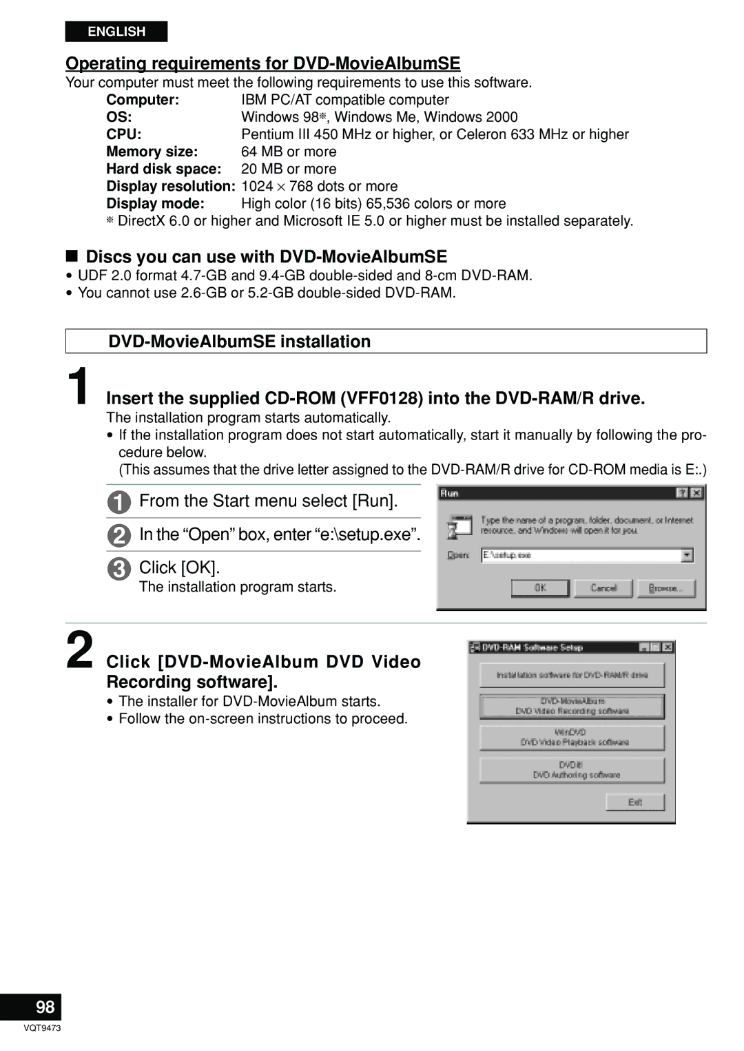 Panasonic LF-D321 manual Operating requirements for DVD-MovieAlbumSE, Discs you can use with DVD-MovieAlbumSE, Memory size 