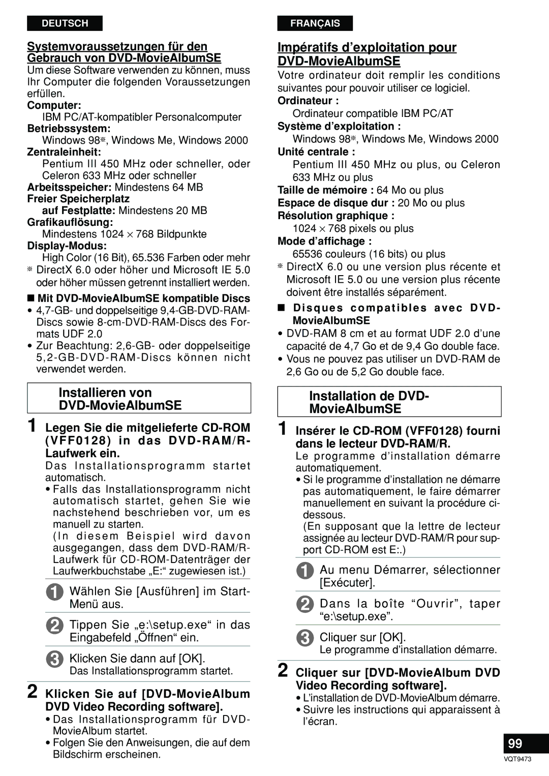 Panasonic LF-D321 manual Installieren von DVD-MovieAlbumSE, Impératifs d’exploitation pour DVD-MovieAlbumSE 