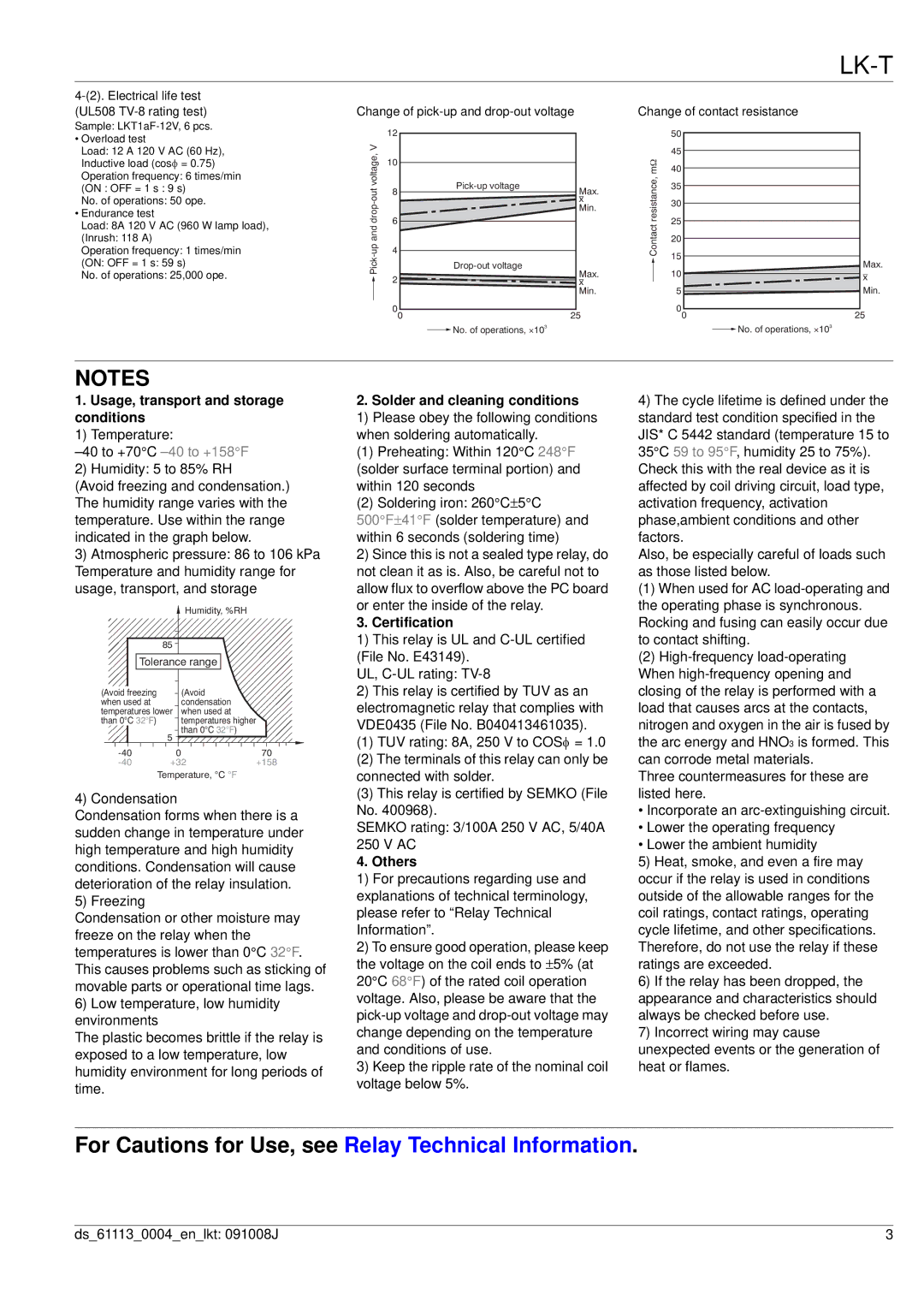 Panasonic LK-T Relays Usage, transport and storage conditions, Solder and cleaning conditions, Certification, Others 