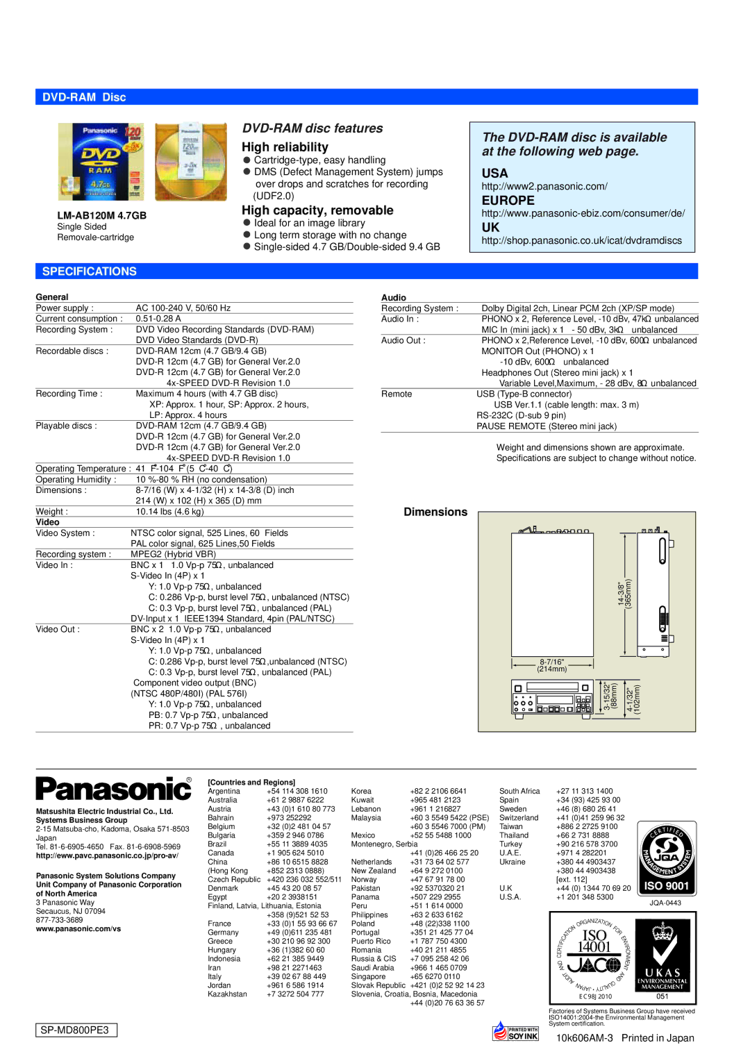 Panasonic LQ-MD800 manual High reliability, High capacity, removable, Dimensions 