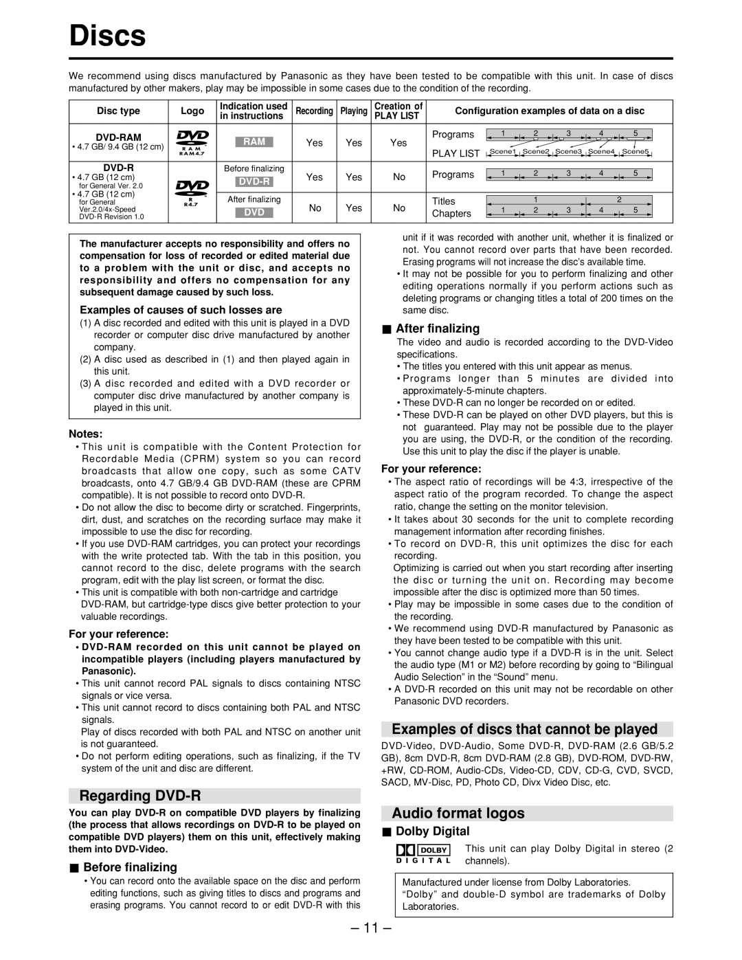 Panasonic LQ-MD800P manual Discs, Examples of discs that cannot be played, Regarding DVD-R, Audio format logos 