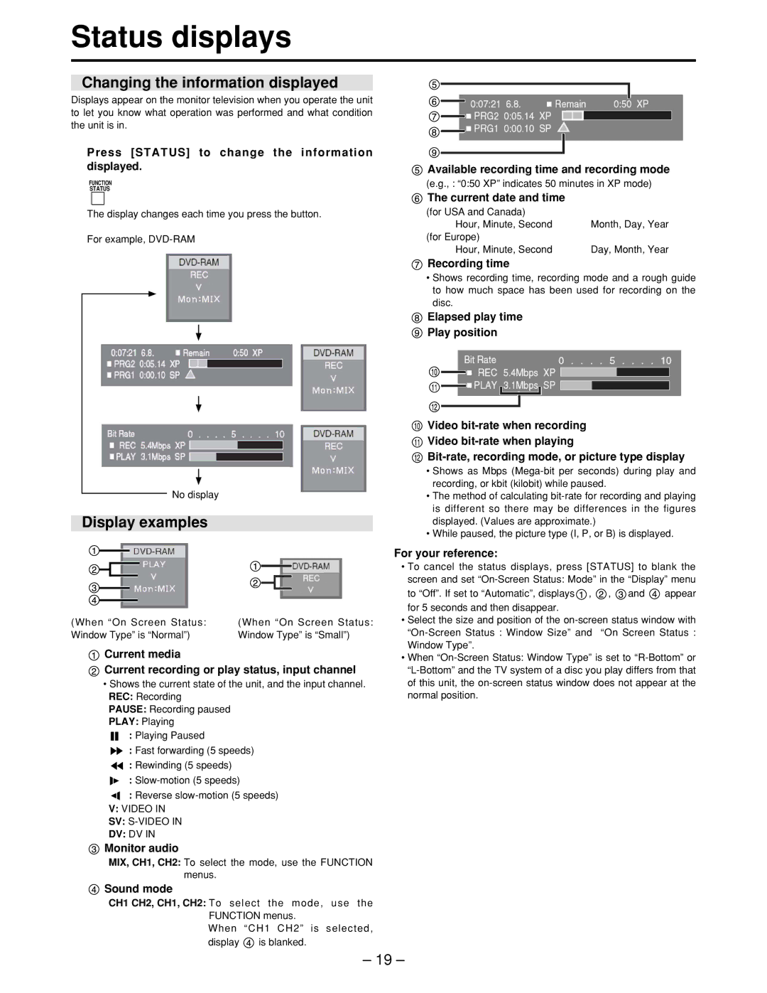 Panasonic LQ-MD800P manual Status displays, Changing the information displayed, Display examples 