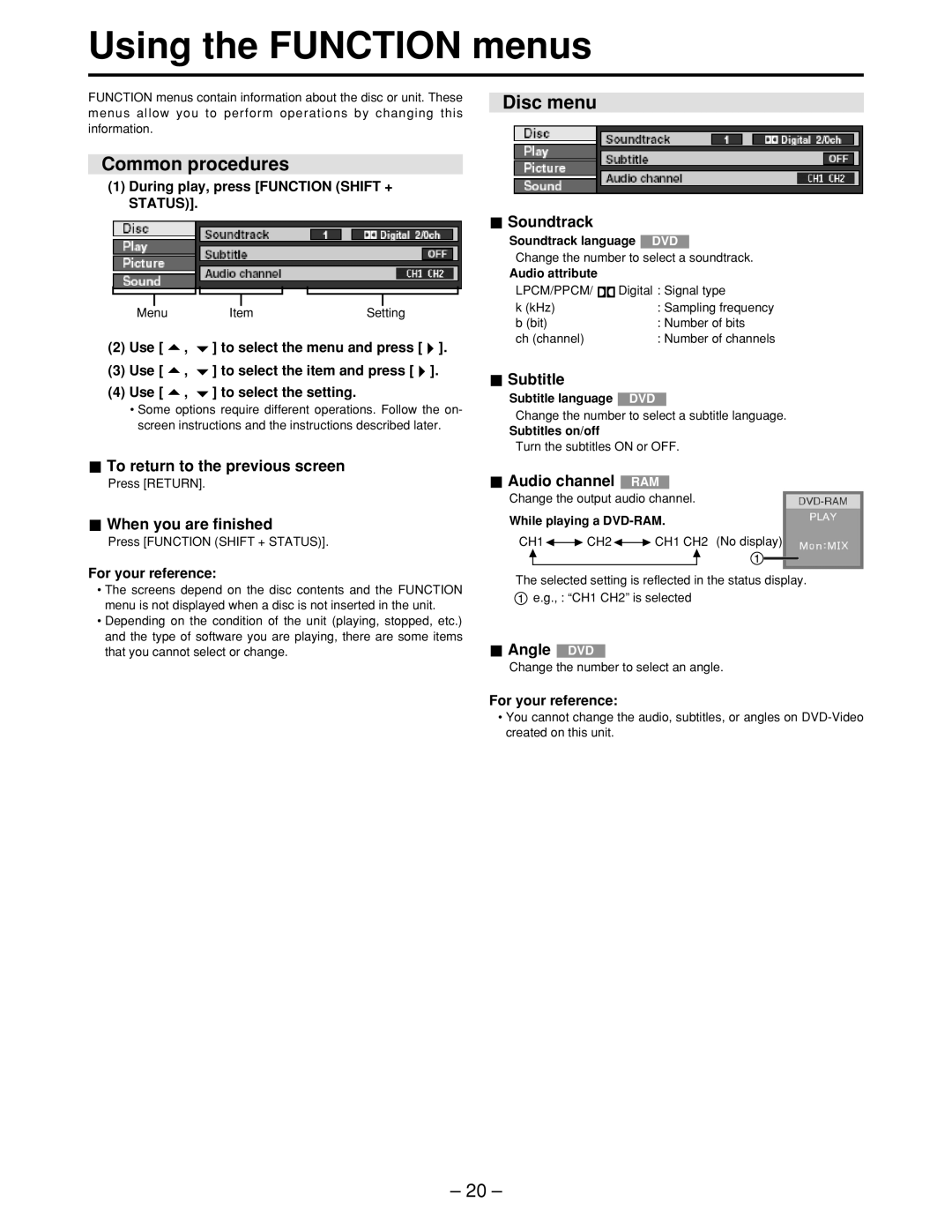 Panasonic LQ-MD800P manual Using the Function menus, Common procedures, Disc menu 