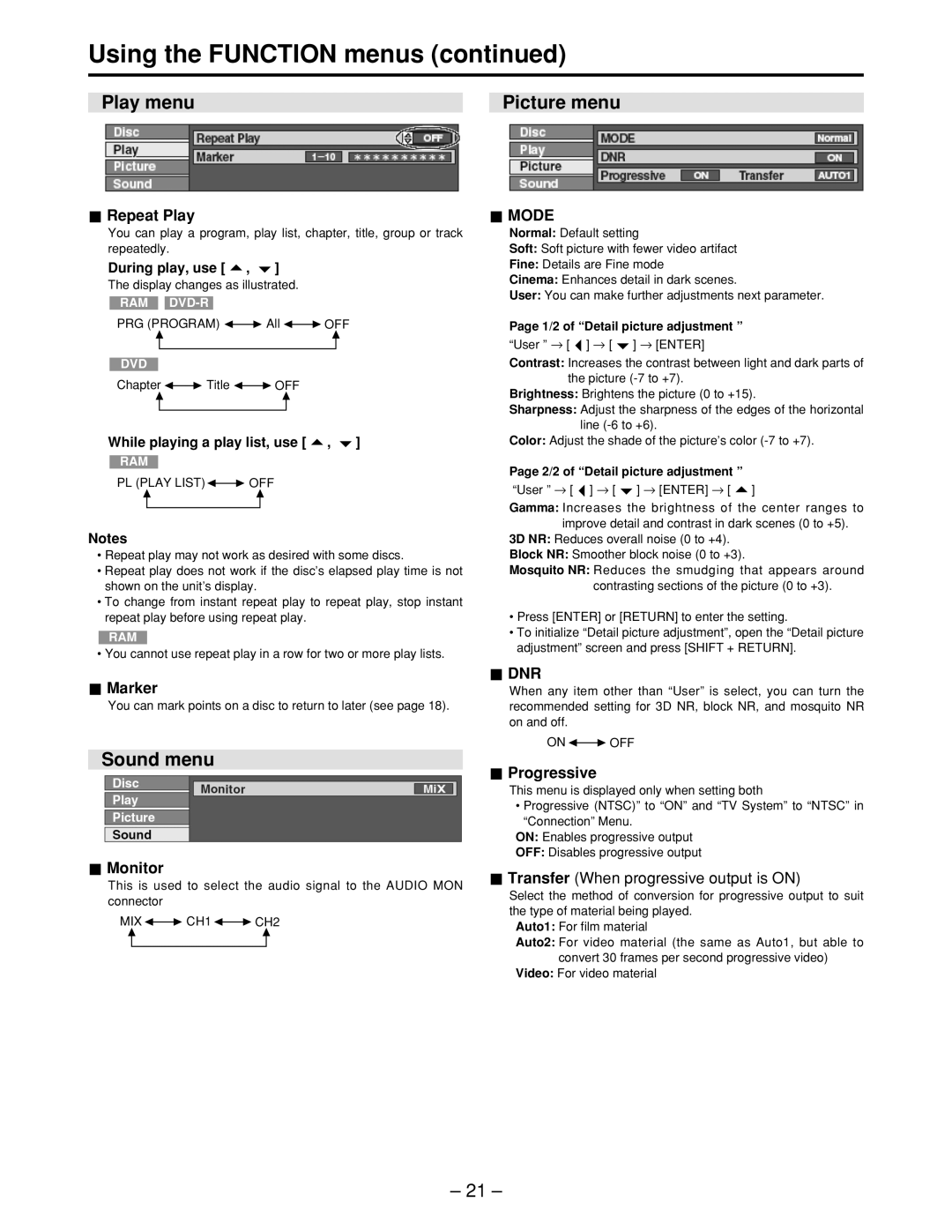 Panasonic LQ-MD800P manual Using the Function menus, Play menu, Sound menu, Picture menu 