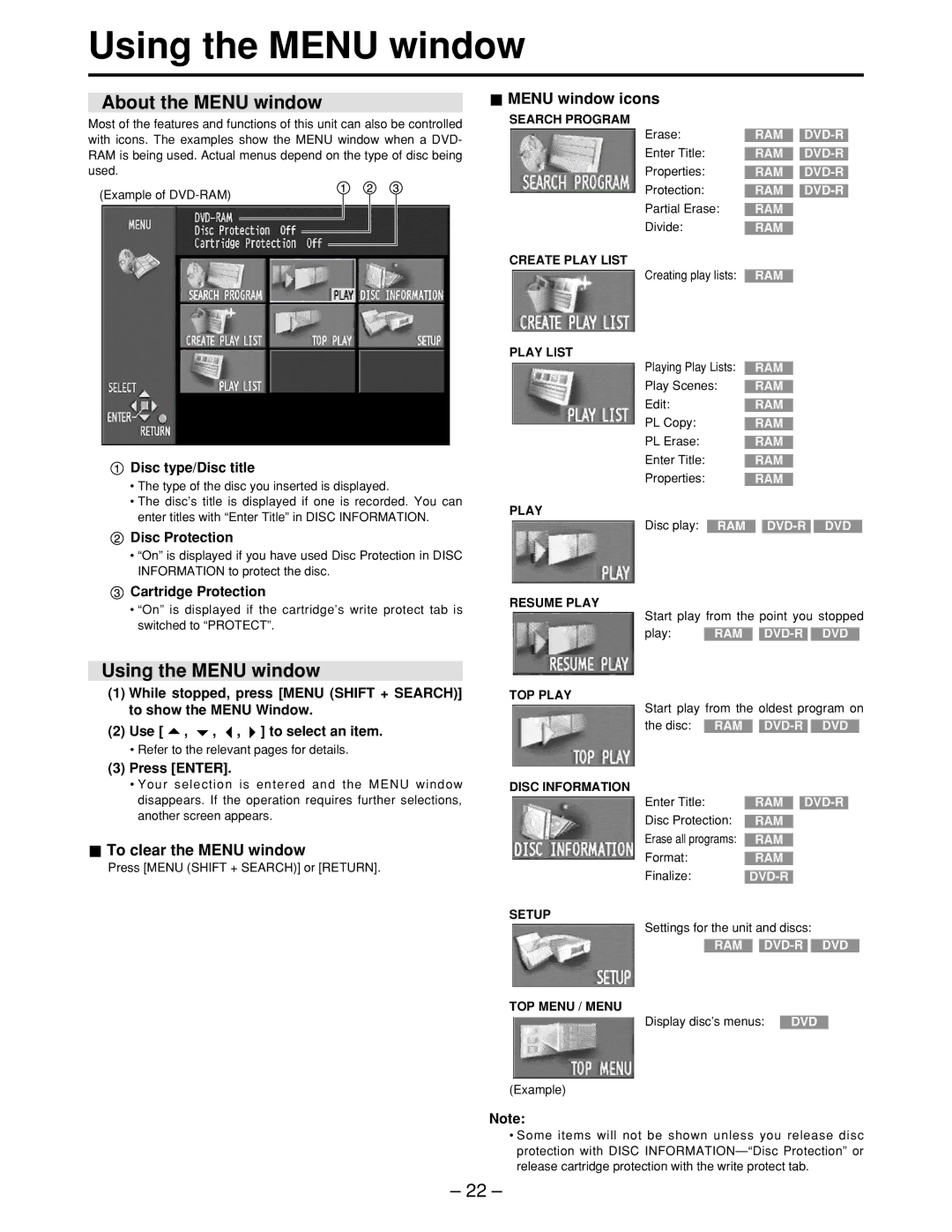 Panasonic LQ-MD800P manual Using the Menu window, About the Menu window, To clear the Menu window, Menu window icons 