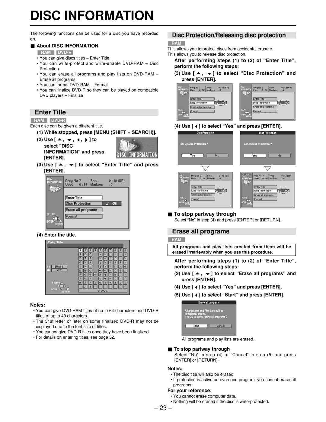 Panasonic LQ-MD800P Enter Title, Disc Protection/Releasing disc protection, Erase all programs, To stop partway through 