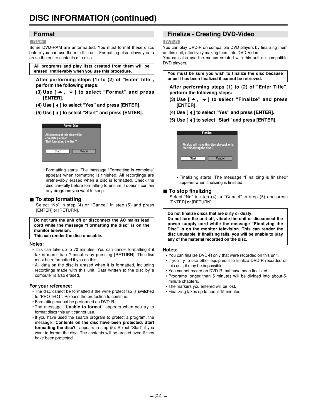 Panasonic LQ-MD800P manual Disc Information, Format, Finalize Creating DVD-Video, To stop formatting, To stop finalizing 